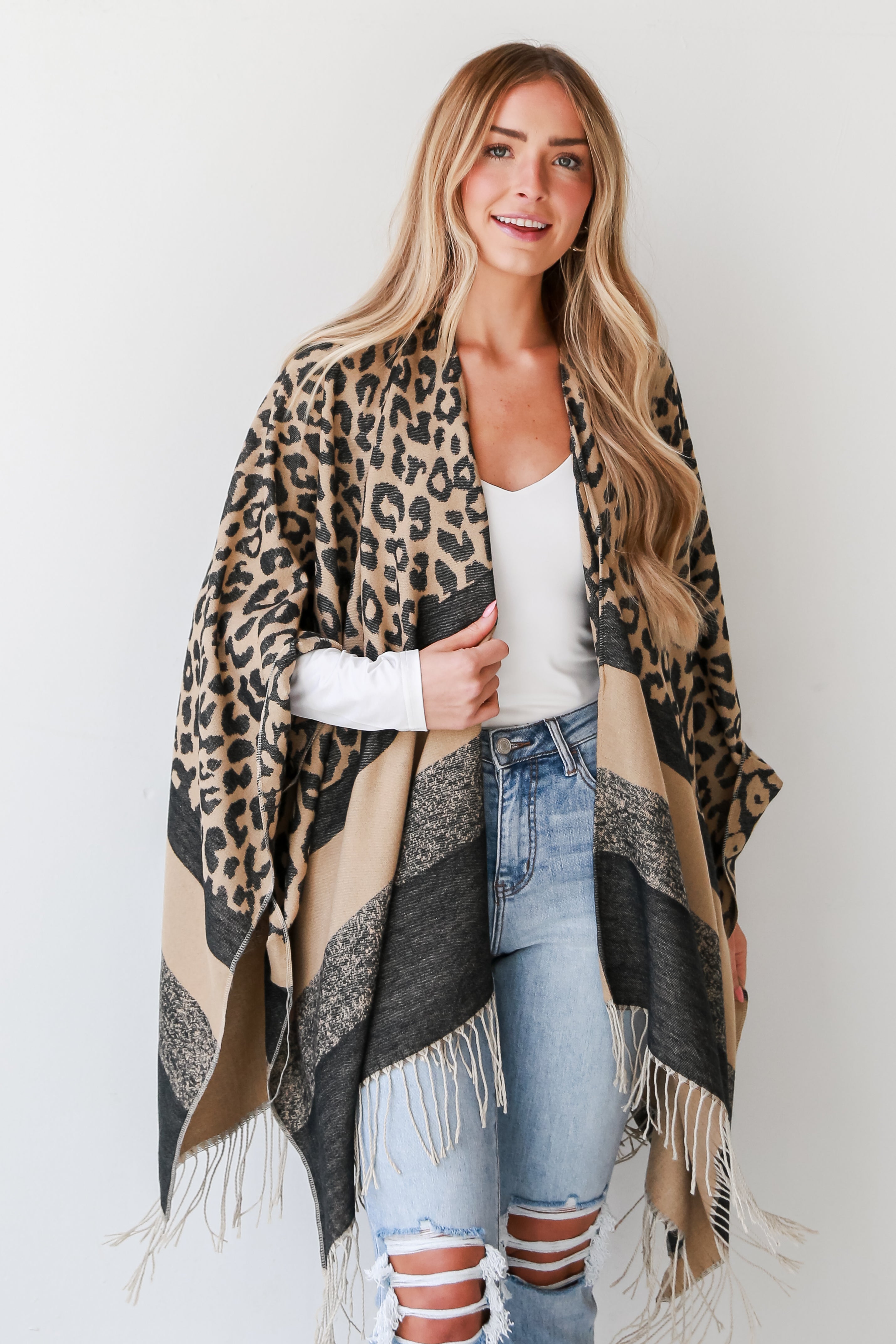 Brown Leopard Fringe Shawl for women