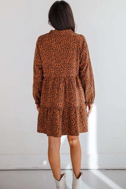 Fierce Charm Camel Leopard Tiered Mini Dress