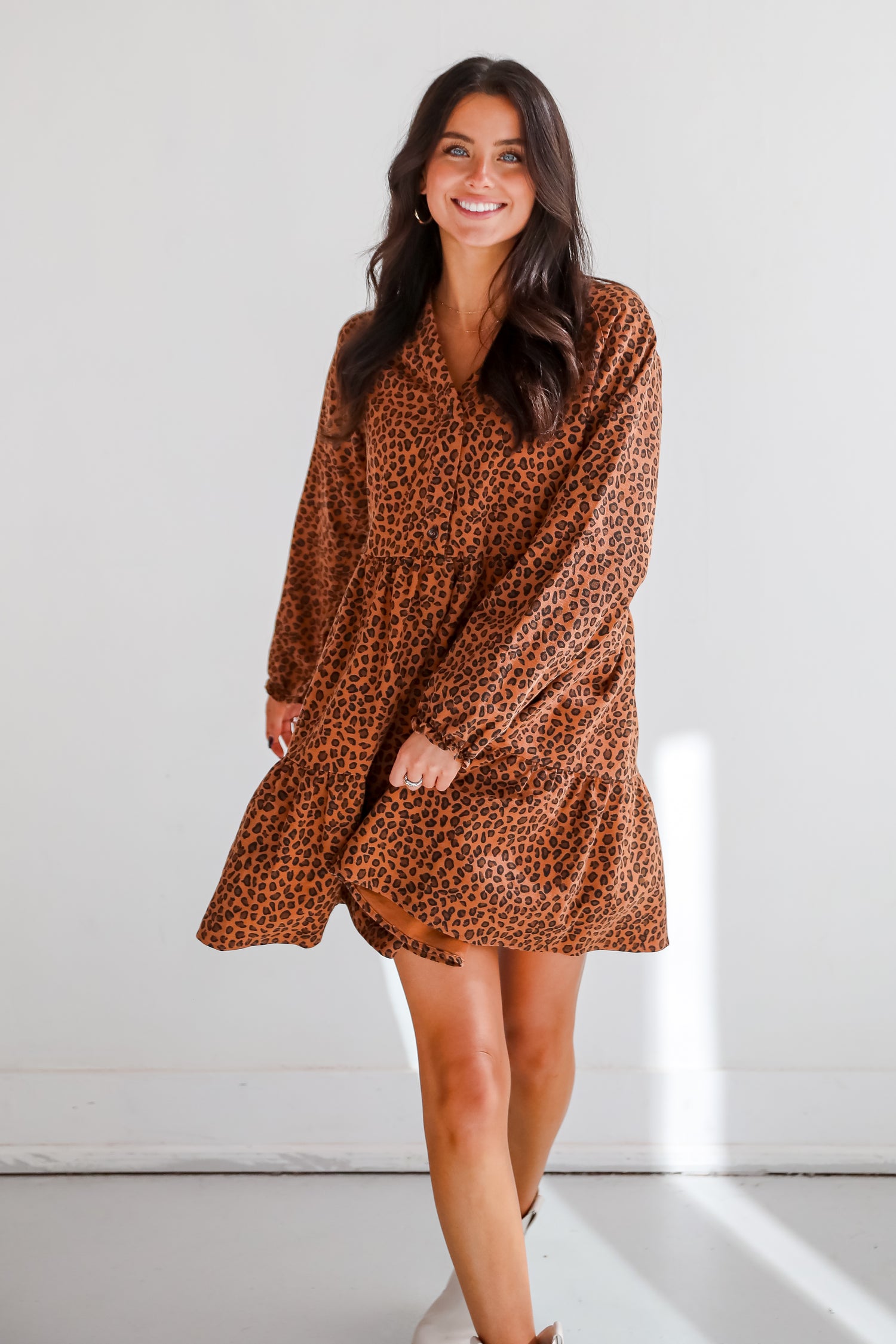 Fierce Charm Camel Leopard Tiered Mini Dress