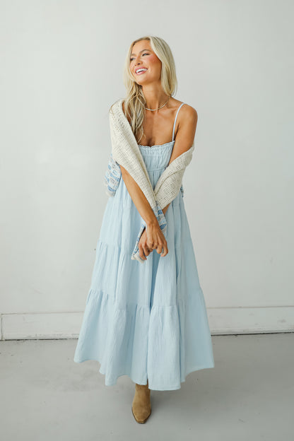 Sincerely Wondrous Light Blue Linen Tiered Maxi Dress