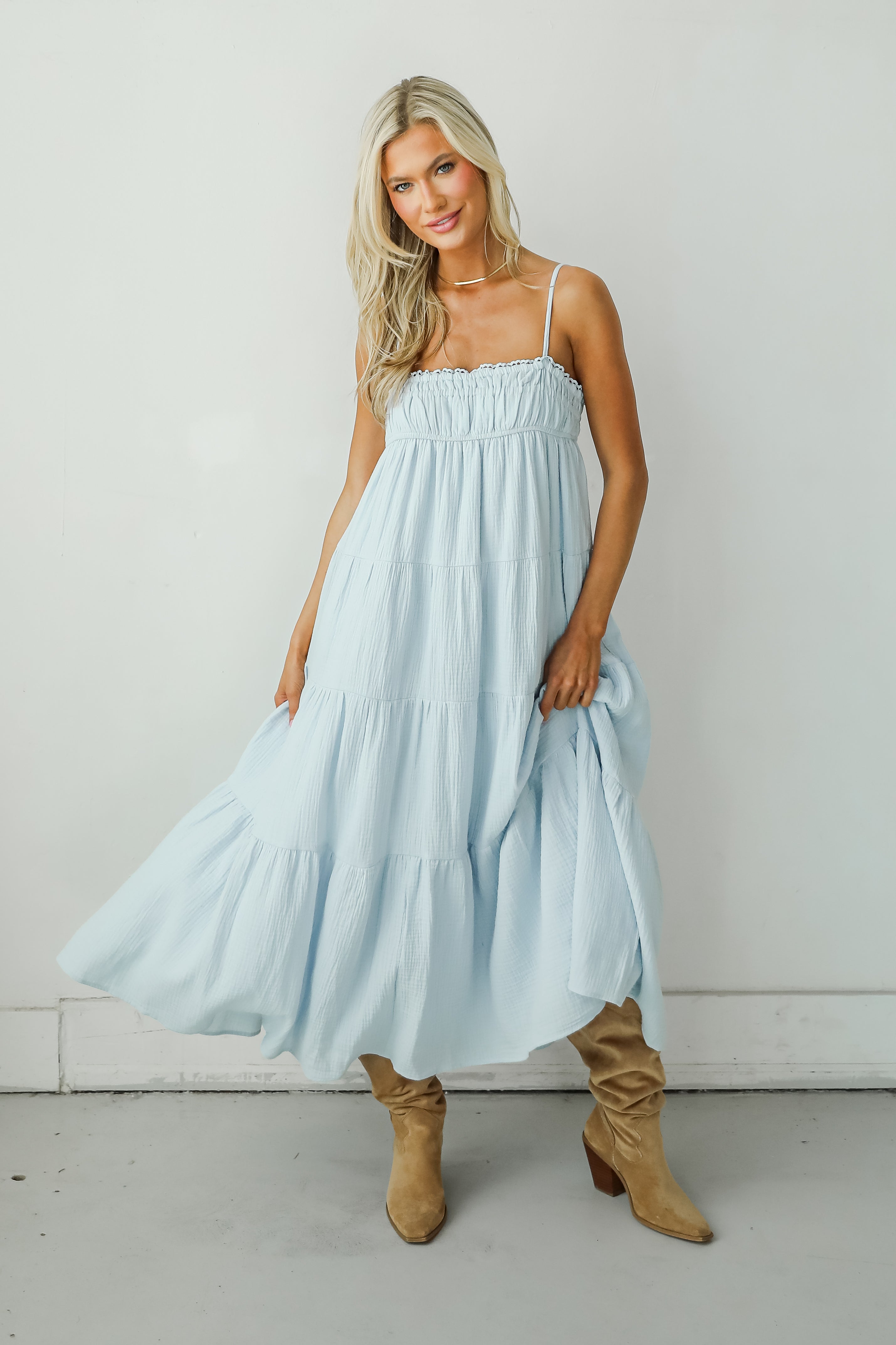 Sincerely Wondrous Light Blue Linen Tiered Maxi Dress