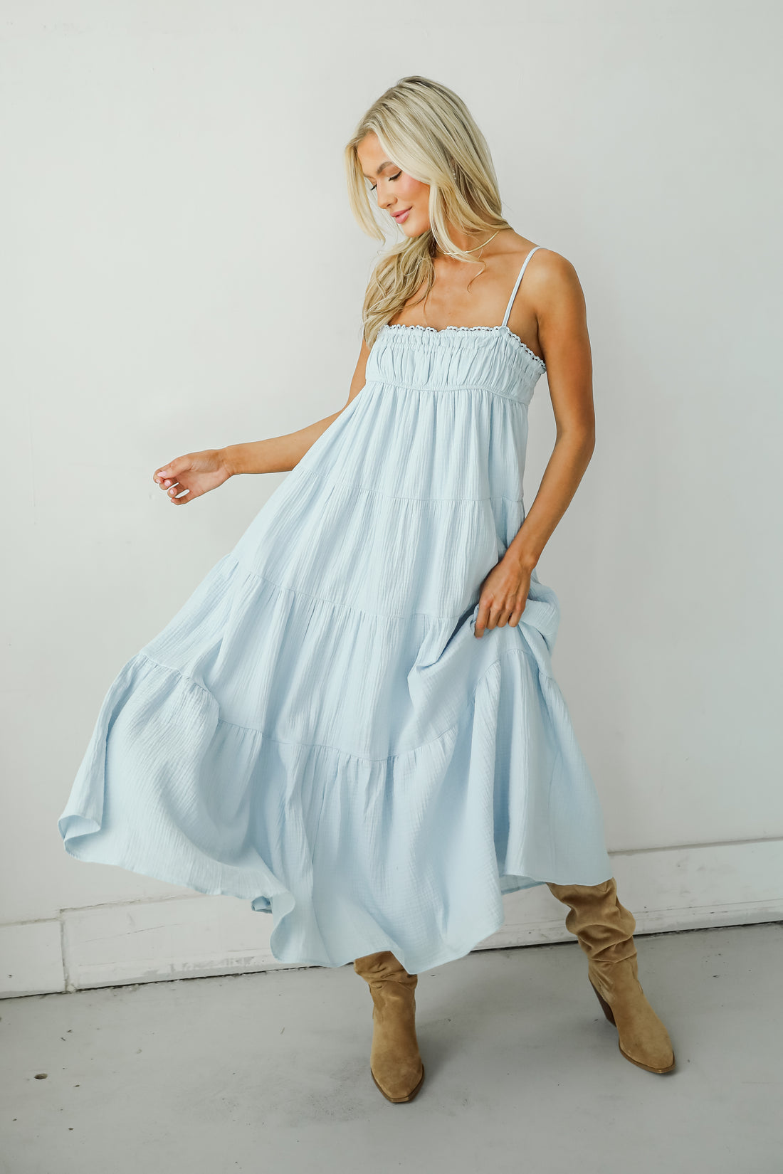 Sincerely Wondrous Light Blue Linen Tiered Maxi Dress