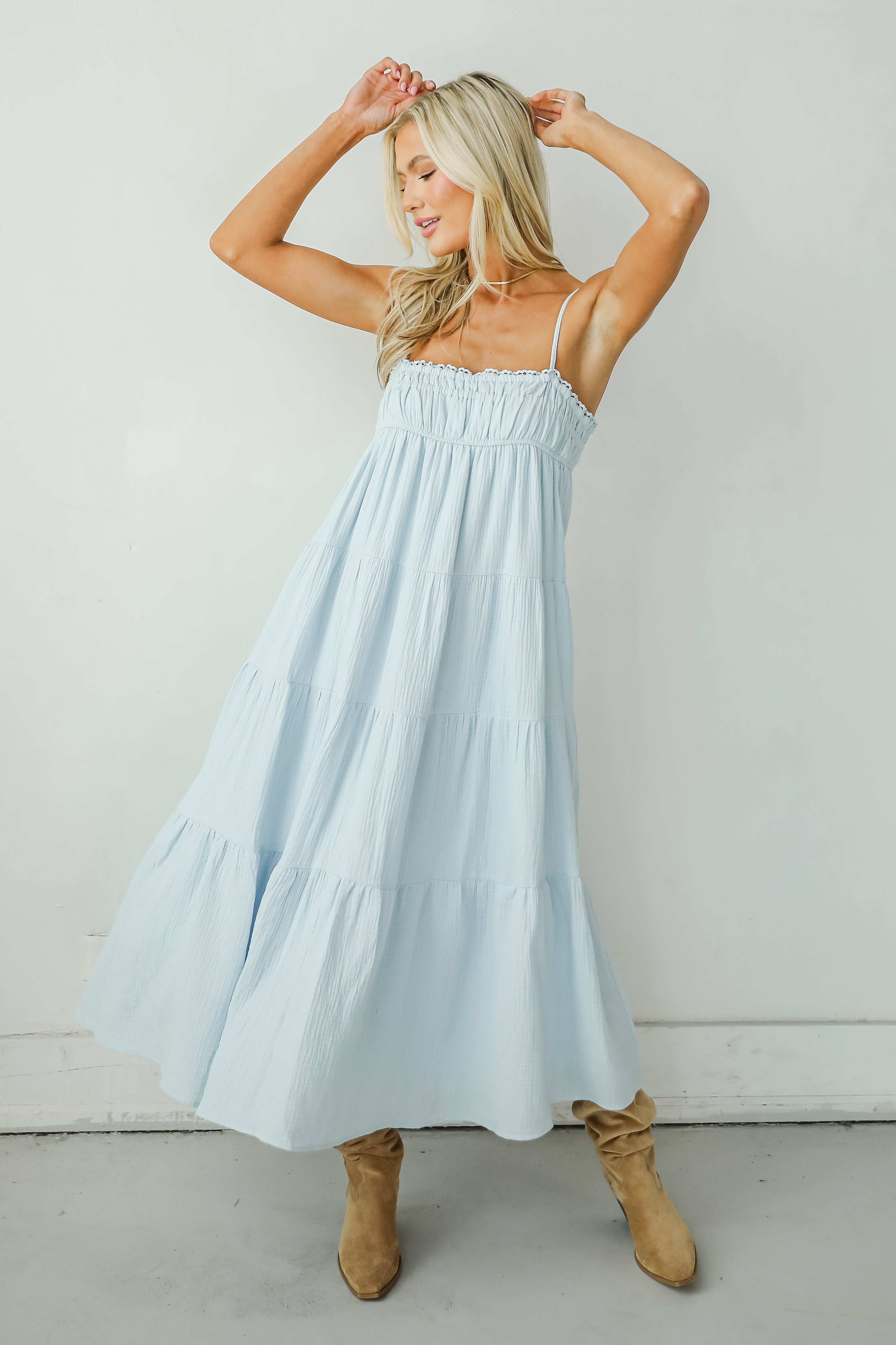 Sincerely Wondrous Light Blue Linen Tiered Maxi Dress