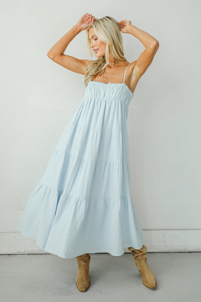 Sincerely Wondrous Light Blue Linen Tiered Maxi Dress