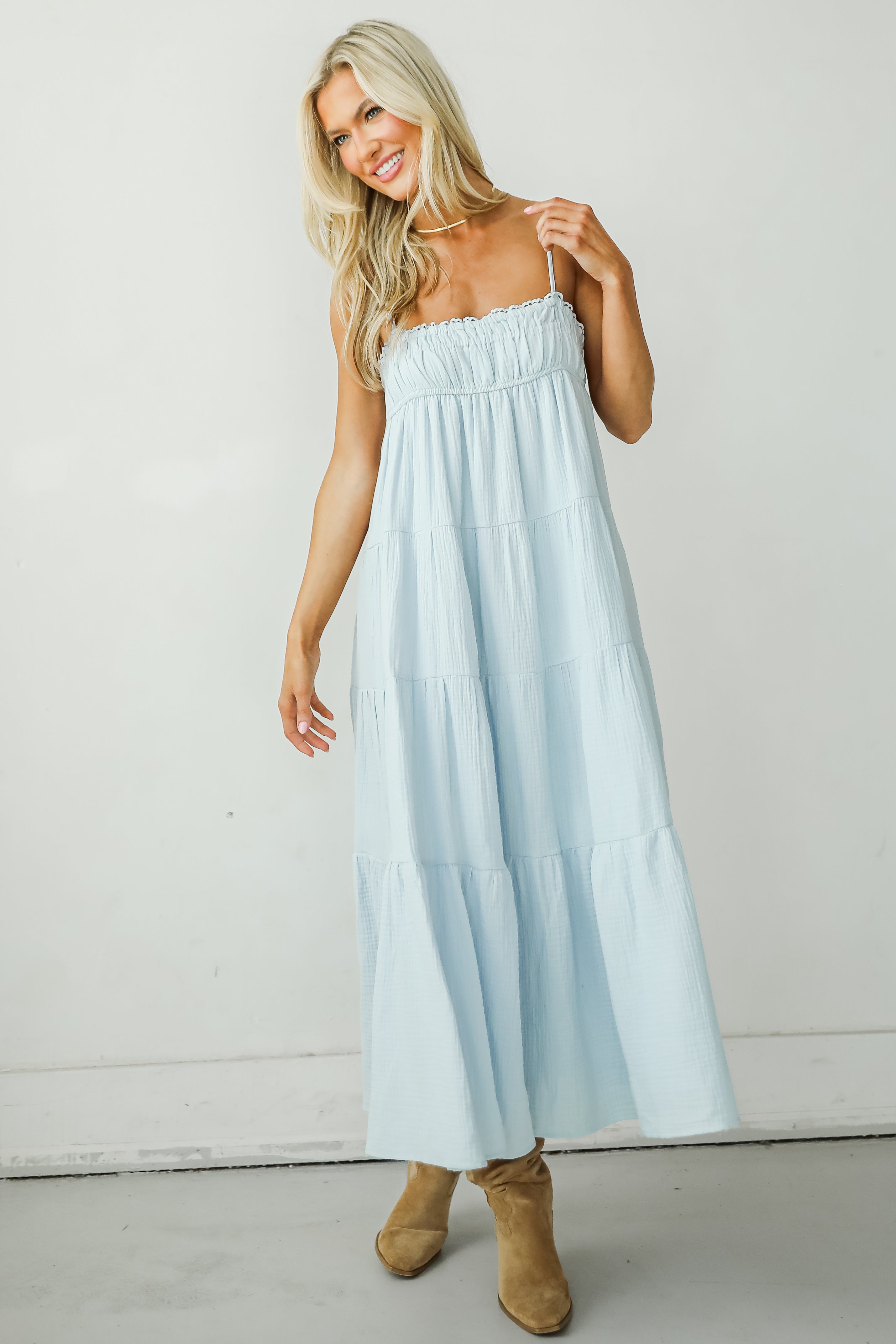 Sincerely Wondrous Light Blue Linen Tiered Maxi Dress