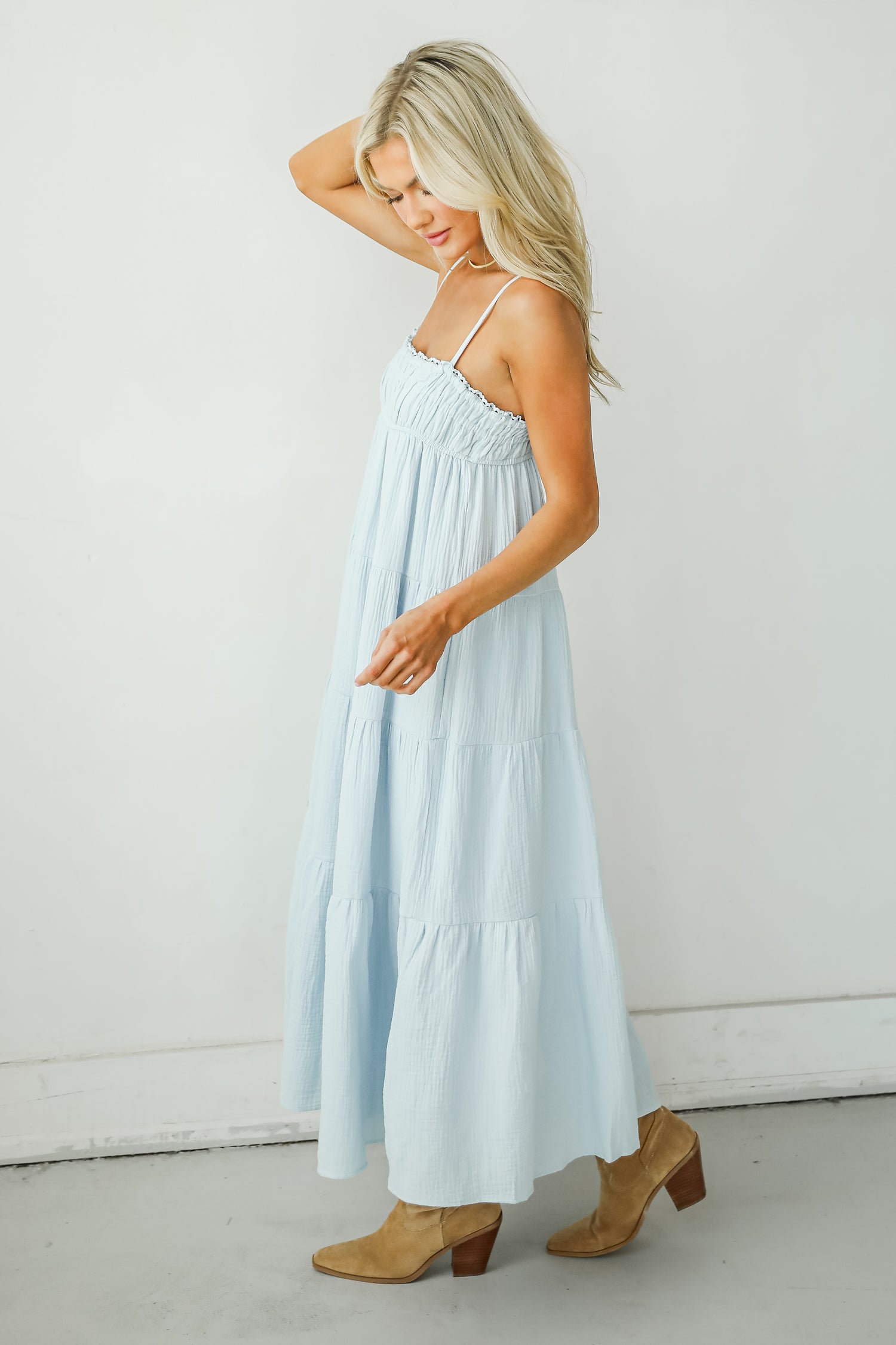 Sincerely Wondrous Light Blue Linen Tiered Maxi Dress