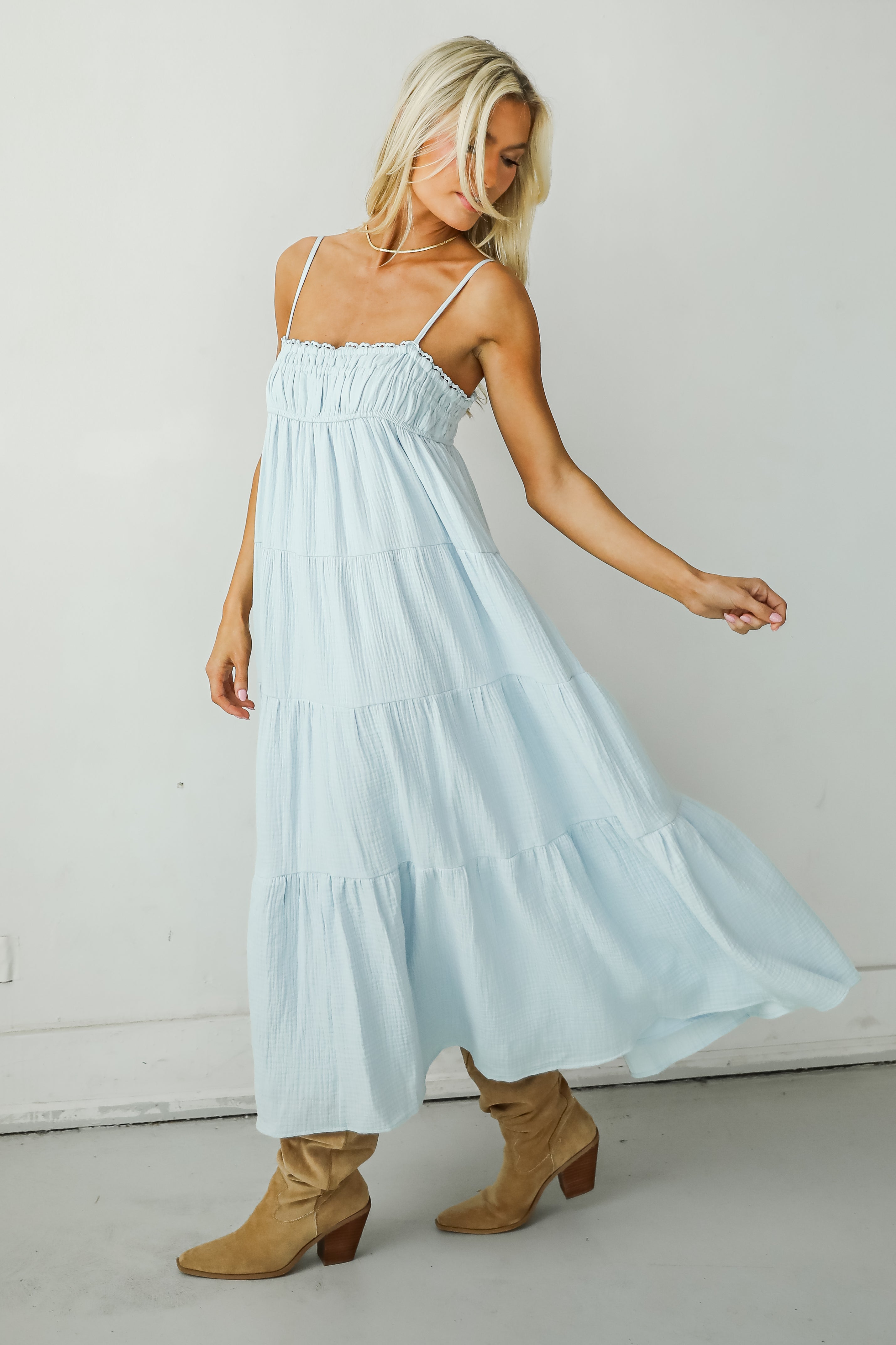 Sincerely Wondrous Light Blue Linen Tiered Maxi Dress