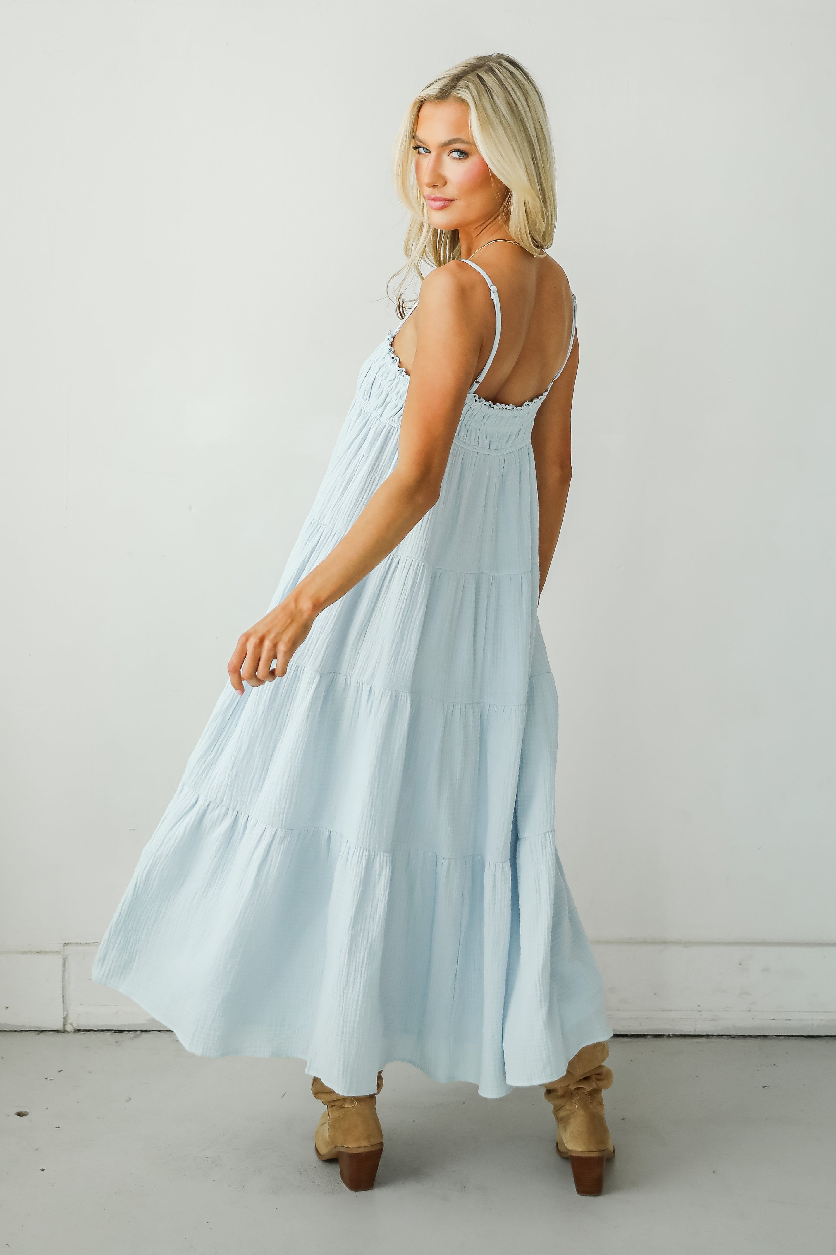 Sincerely Wondrous Light Blue Linen Tiered Maxi Dress