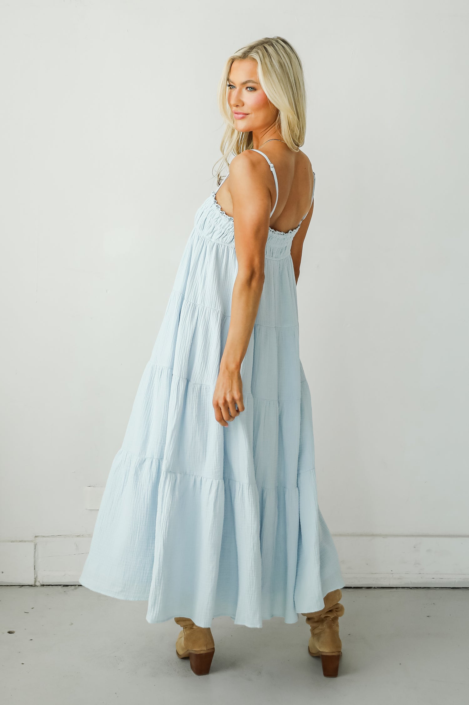 Sincerely Wondrous Light Blue Linen Tiered Maxi Dress