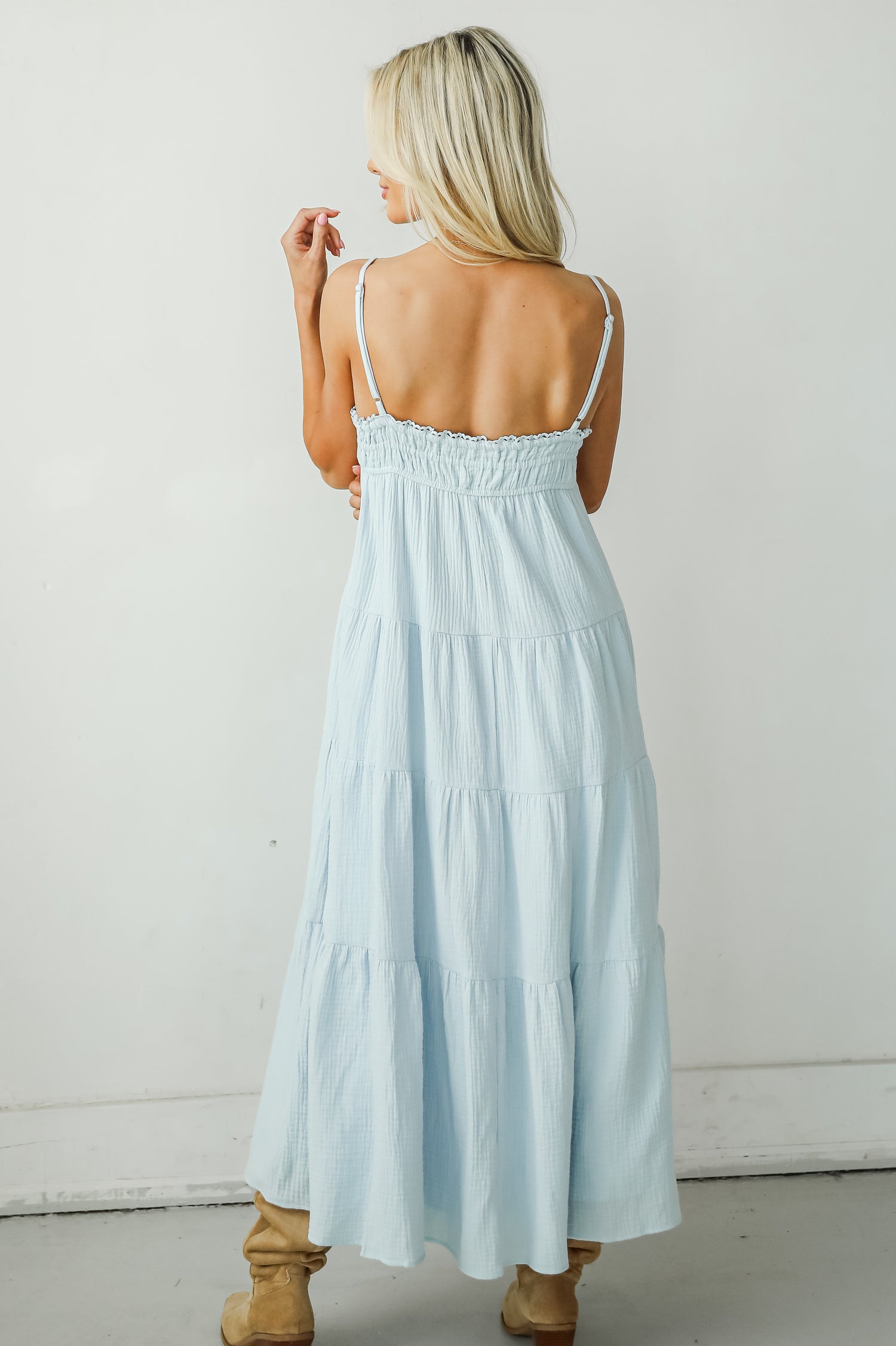 Sincerely Wondrous Light Blue Linen Tiered Maxi Dress