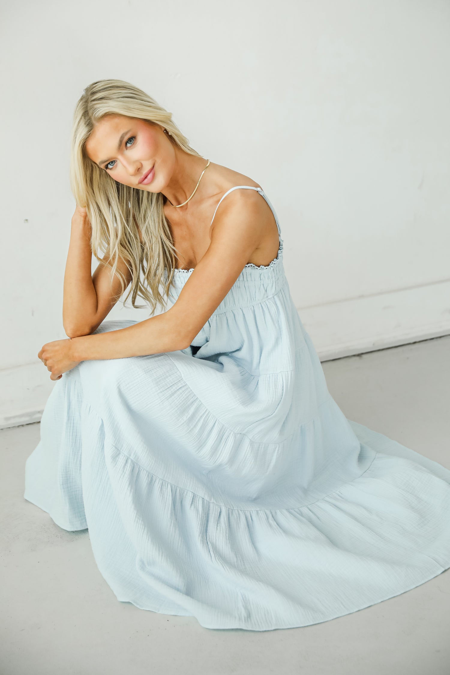 Sincerely Wondrous Light Blue Linen Tiered Maxi Dress