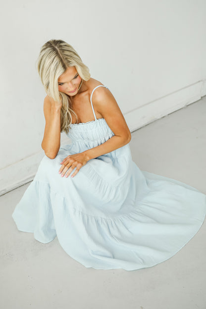 Sincerely Wondrous Light Blue Linen Tiered Maxi Dress