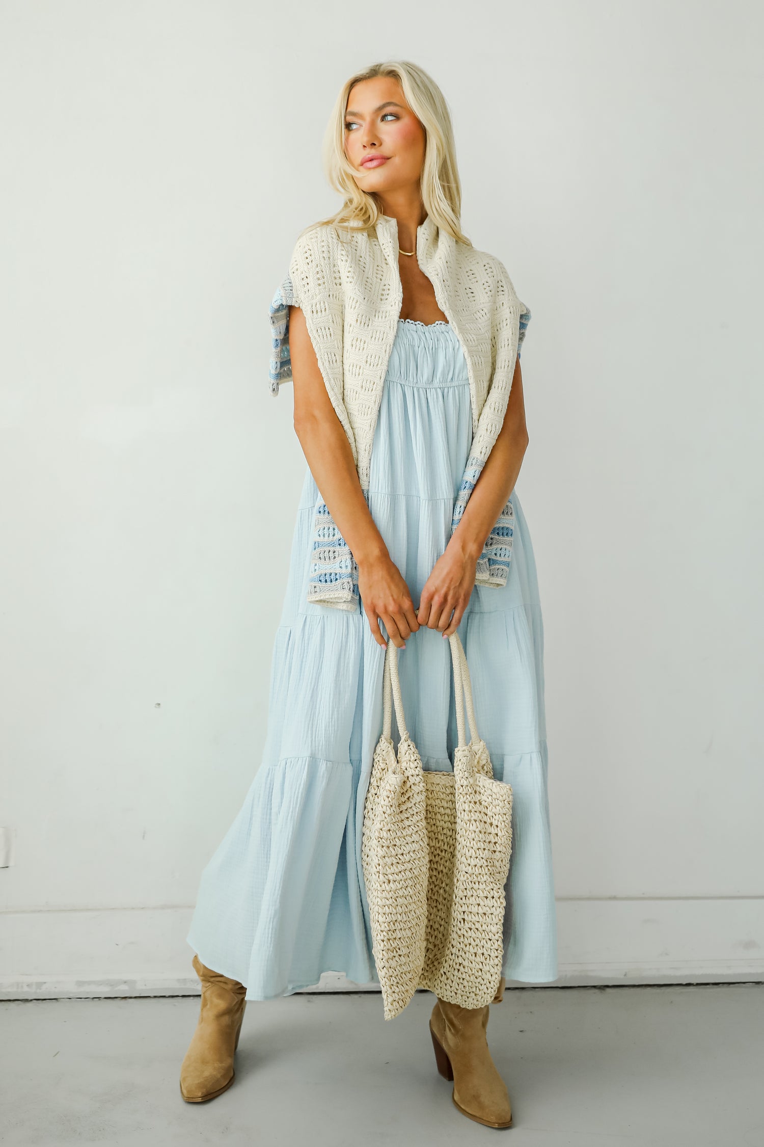 Sincerely Wondrous Light Blue Linen Tiered Maxi Dress