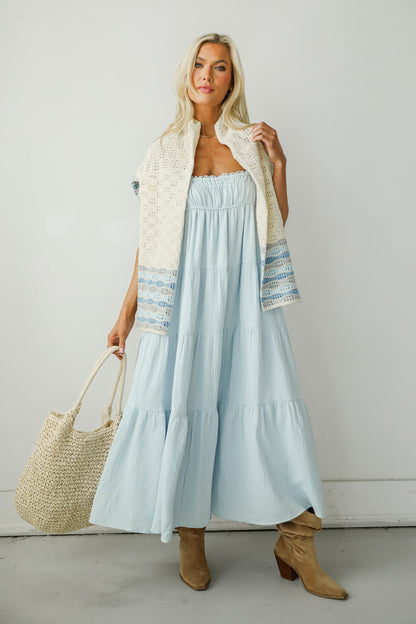 Sincerely Wondrous Light Blue Linen Tiered Maxi Dress