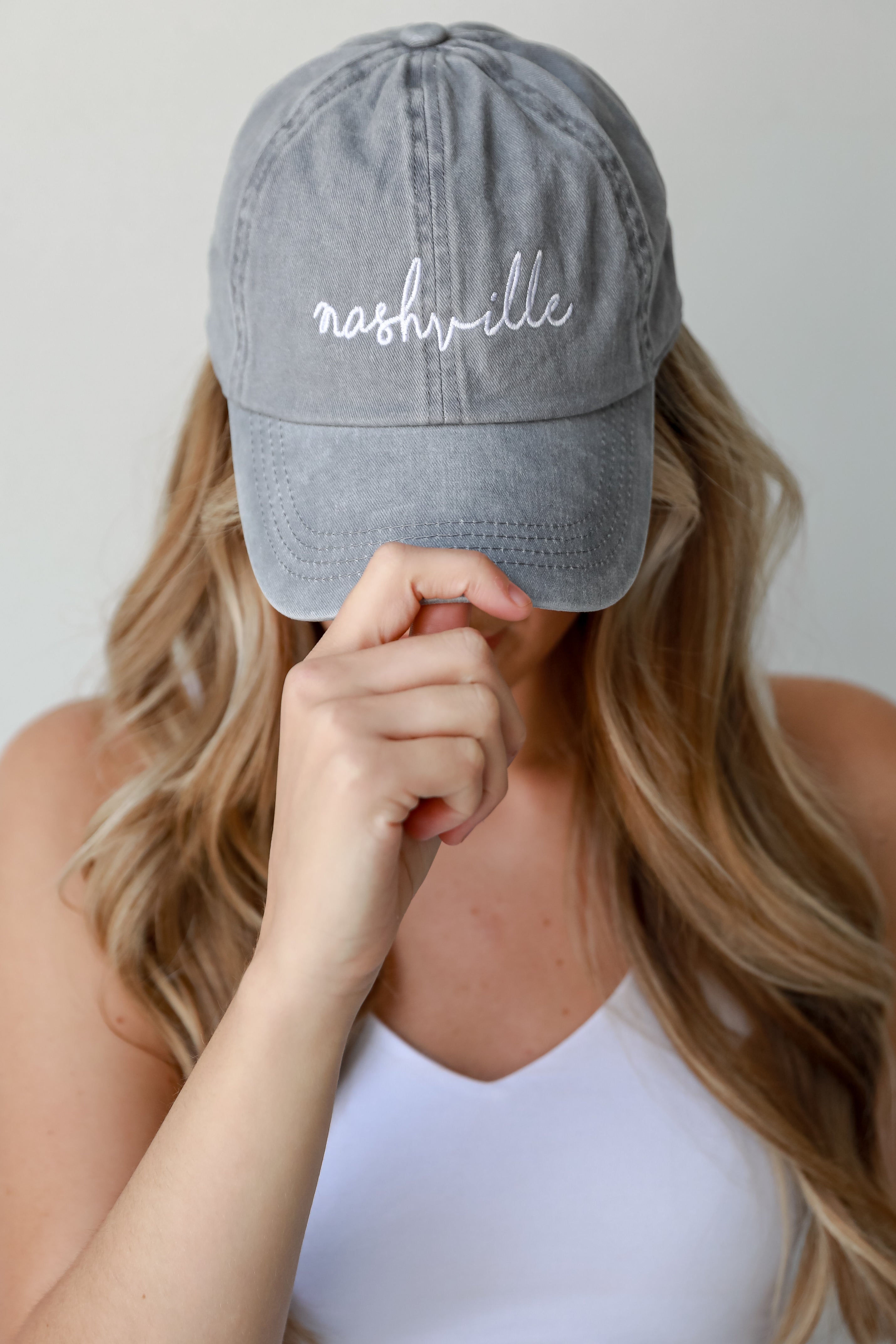 grey Nashville Script Embroidered Hat close up