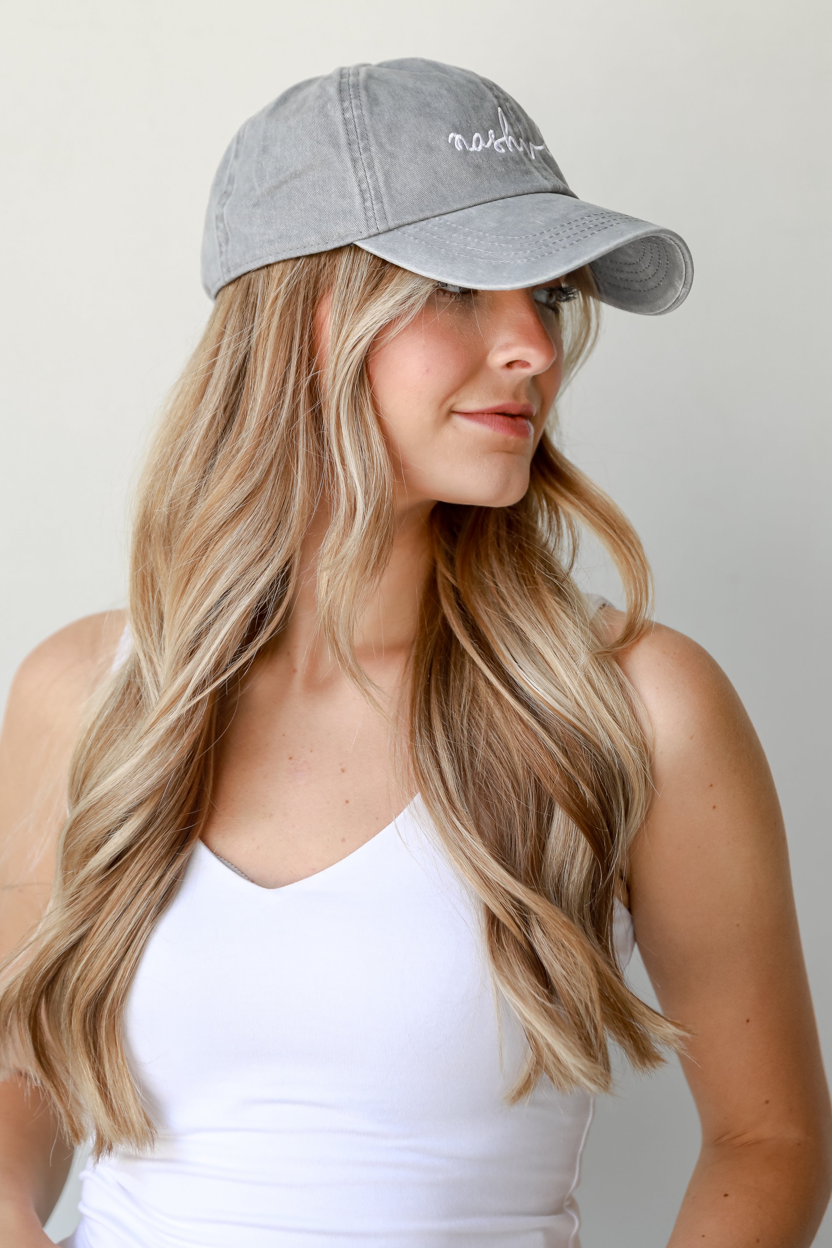 grey Nashville Script Embroidered Hat side view