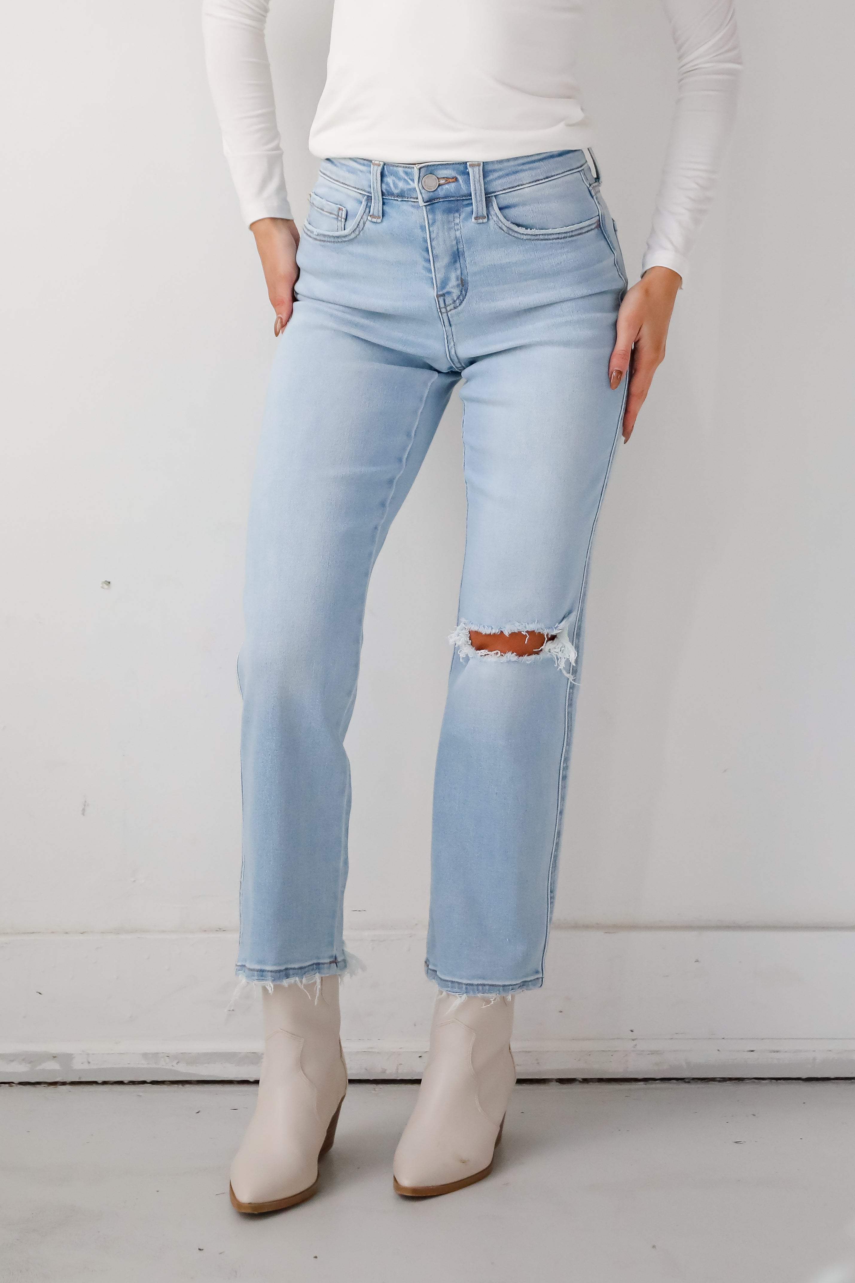 Lindsey Light Wash High Rise Distressed Straight Leg Jeans