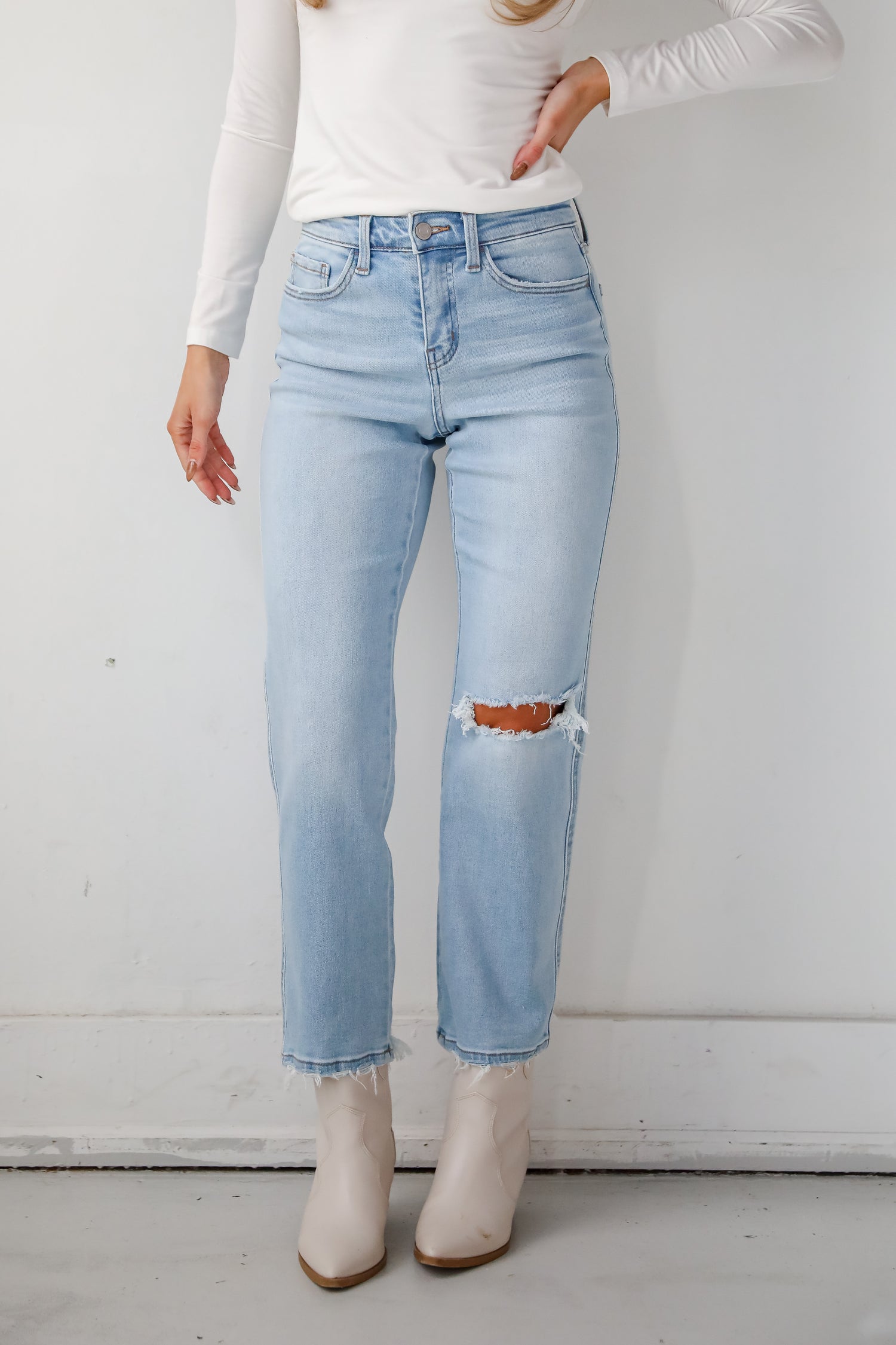 Lindsey Light Wash High Rise Distressed Straight Leg Jeans