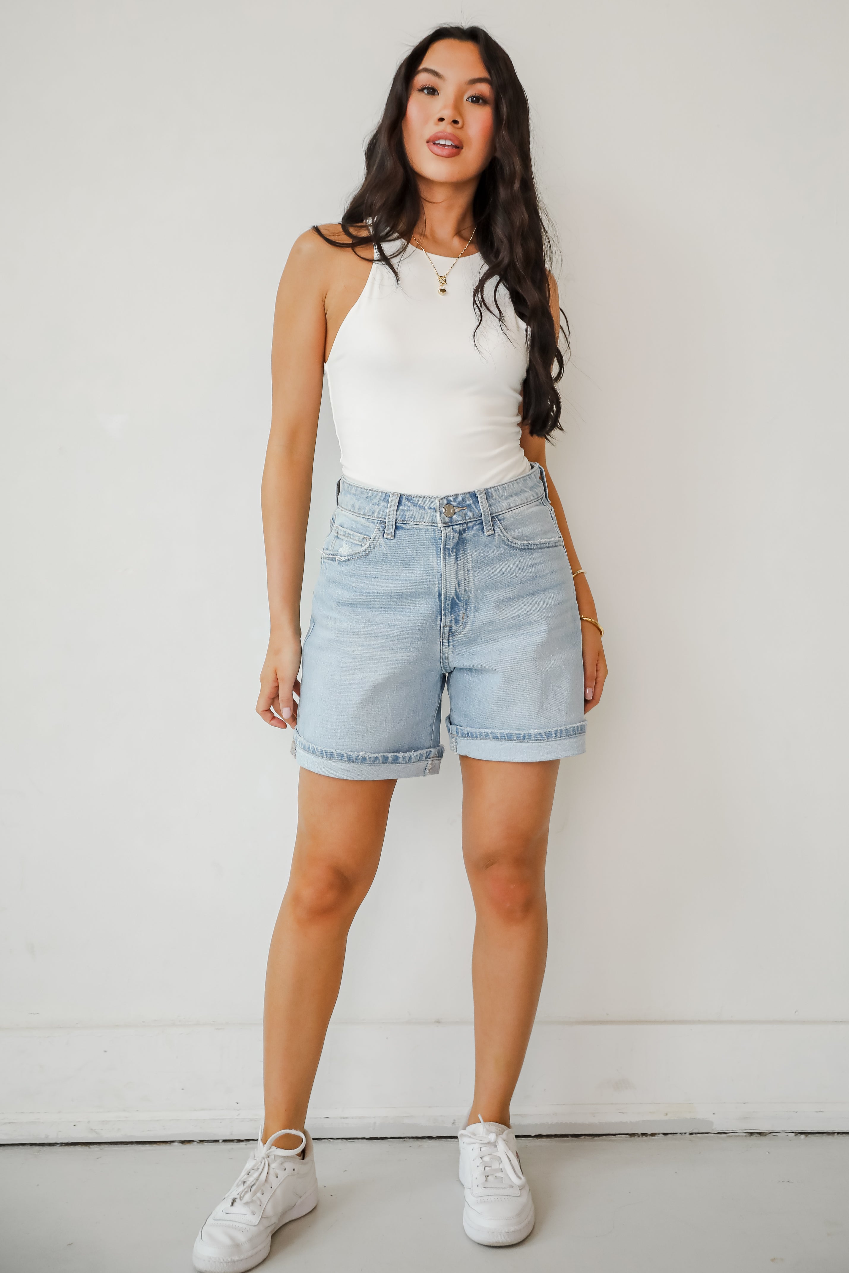 Loretta Light Wash High-Rise Midi Denim Shorts