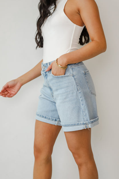 Loretta Light Wash High-Rise Midi Denim Shorts