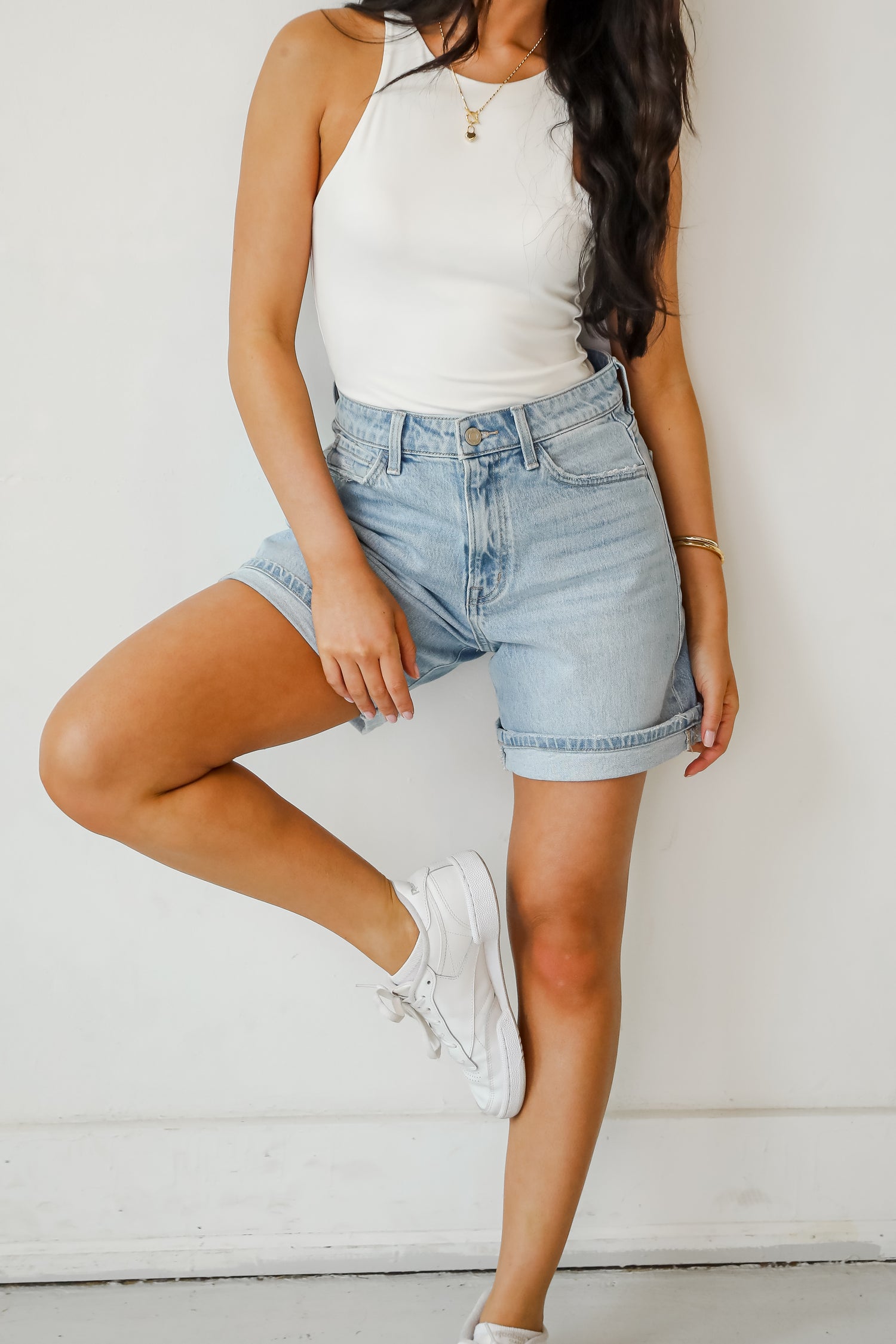 Loretta Light Wash High-Rise Midi Denim Shorts