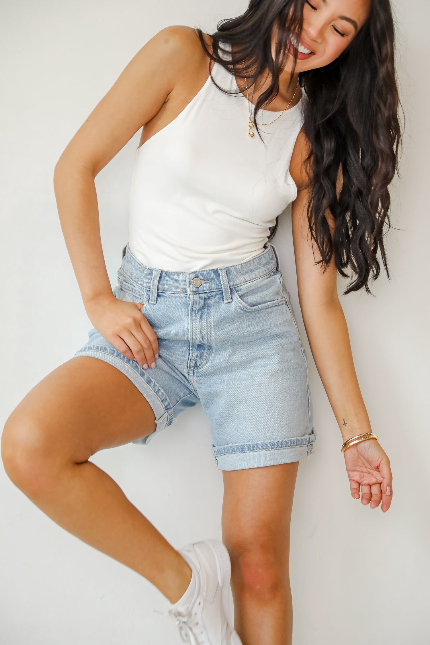 Loretta Light Wash High-Rise Midi Denim Shorts