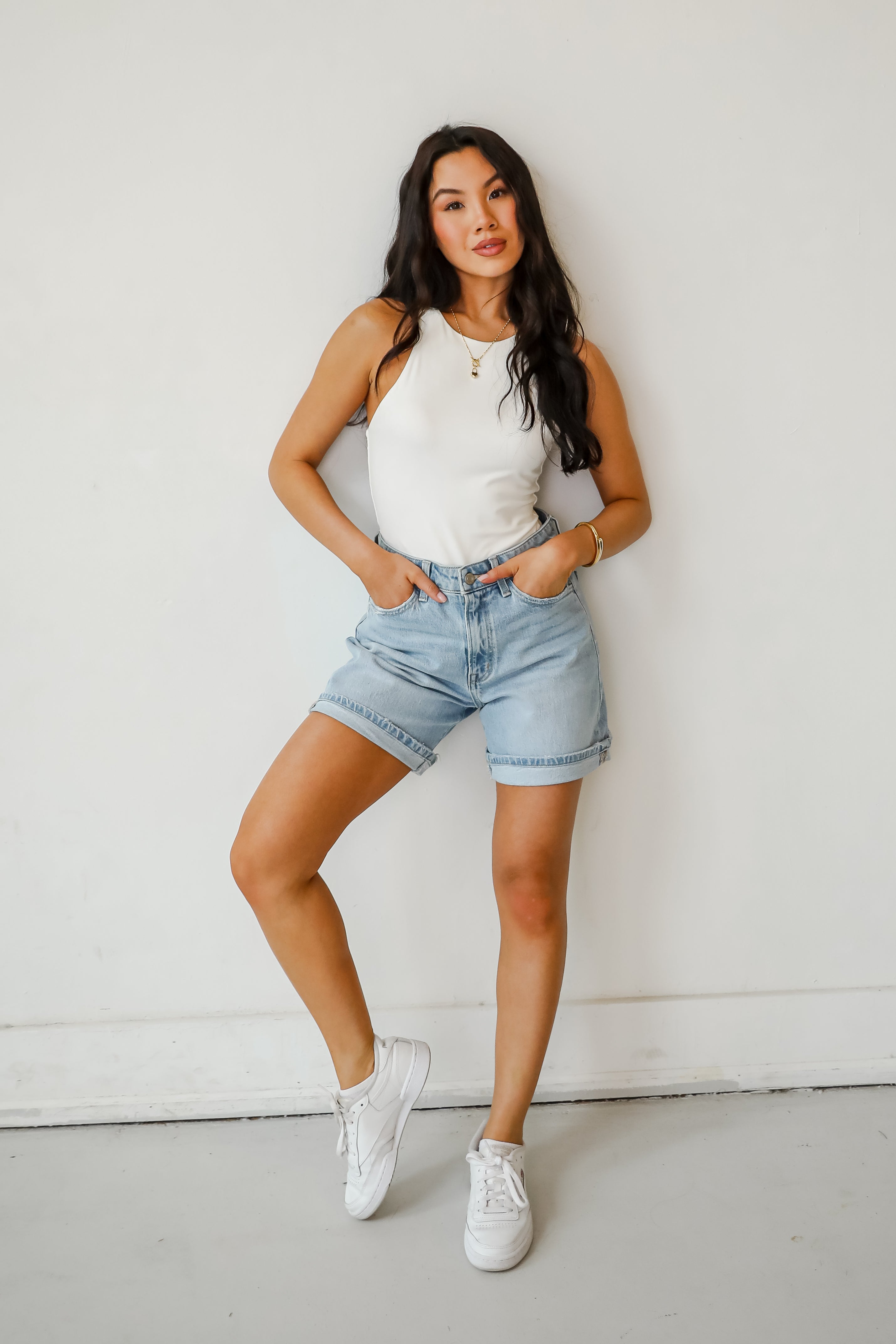 Loretta Light Wash High-Rise Midi Denim Shorts