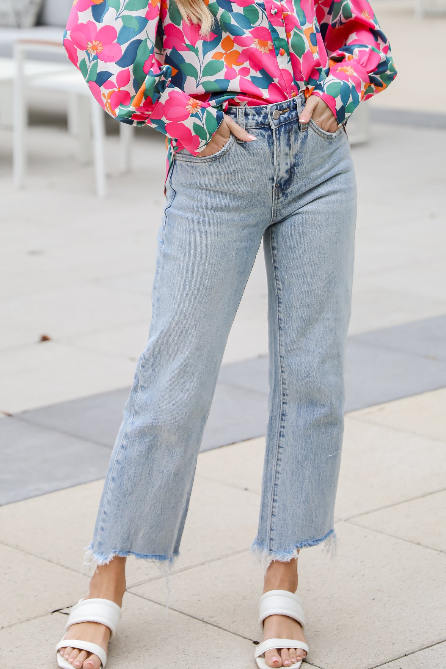 Kendall Light Wash Distressed Dad Jeans are high rise, classic 5- pocked cut, spring denim. vervet denim jeans