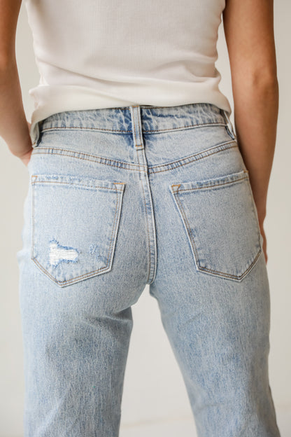 Kendall Light Wash Distressed Dad Jeans are high rise, classic 5- pocked cut, spring denim. vervet denim jeans