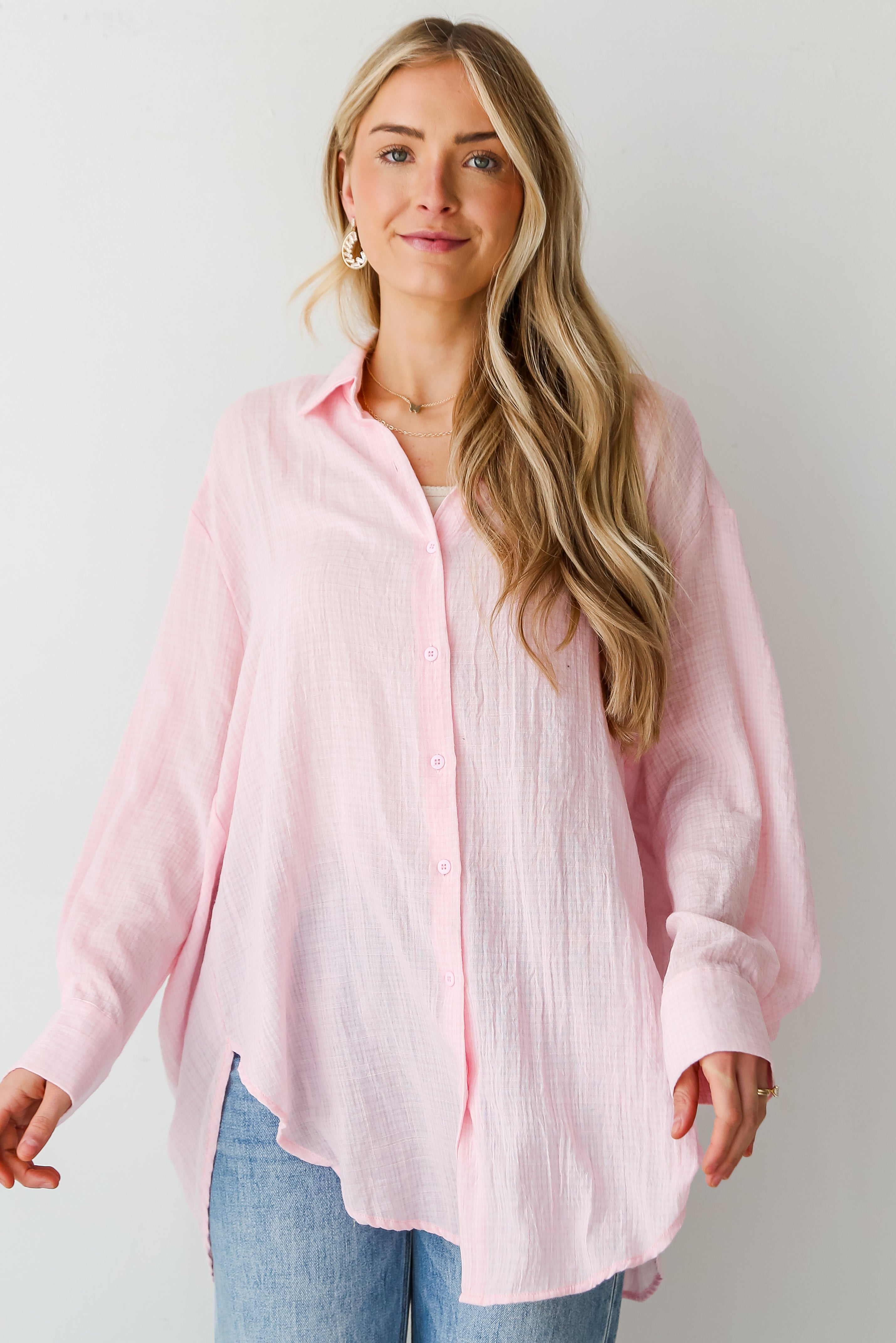 pink Oversized Button-Up Blouse for women