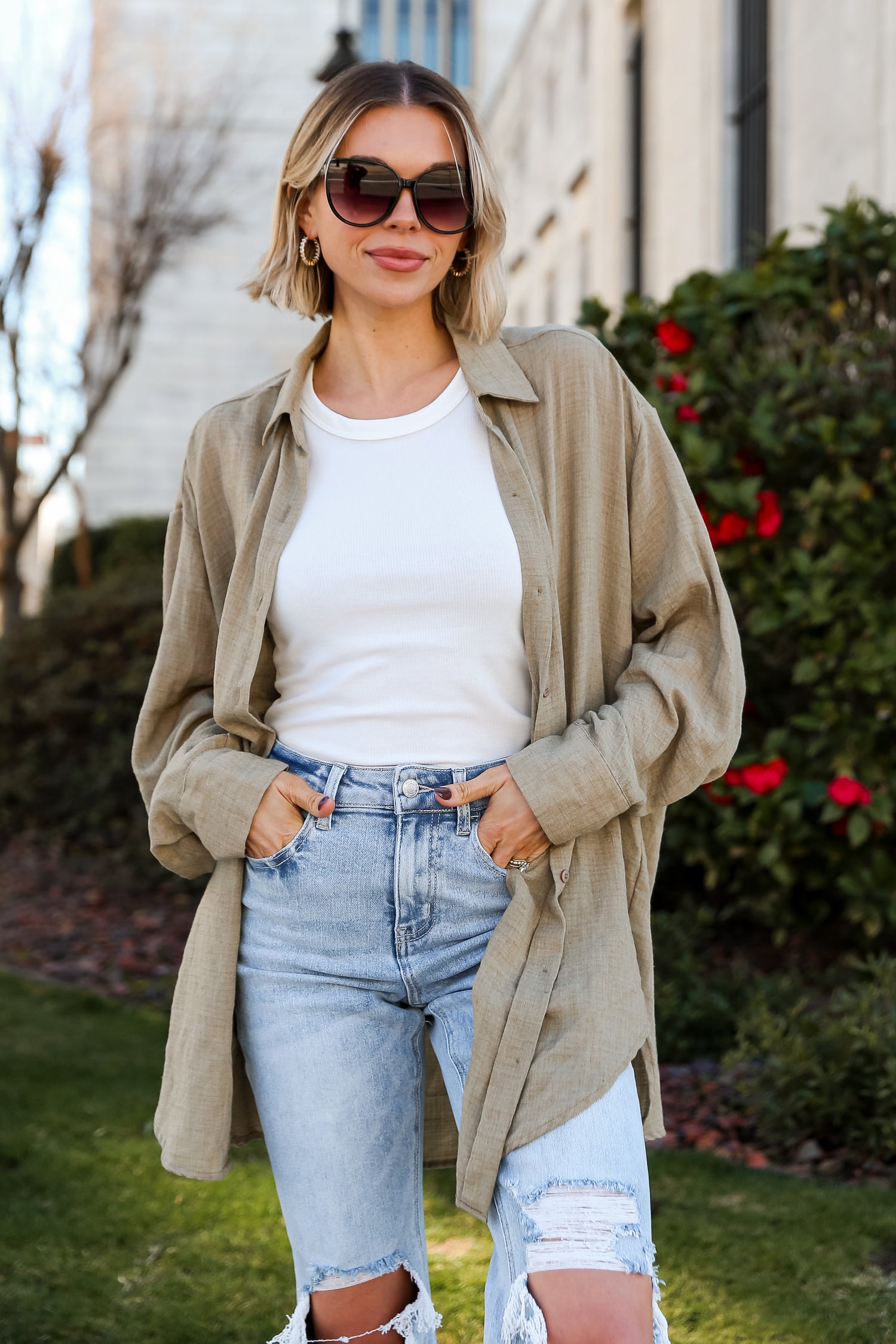 cute brown Oversized Button-Up Blouse