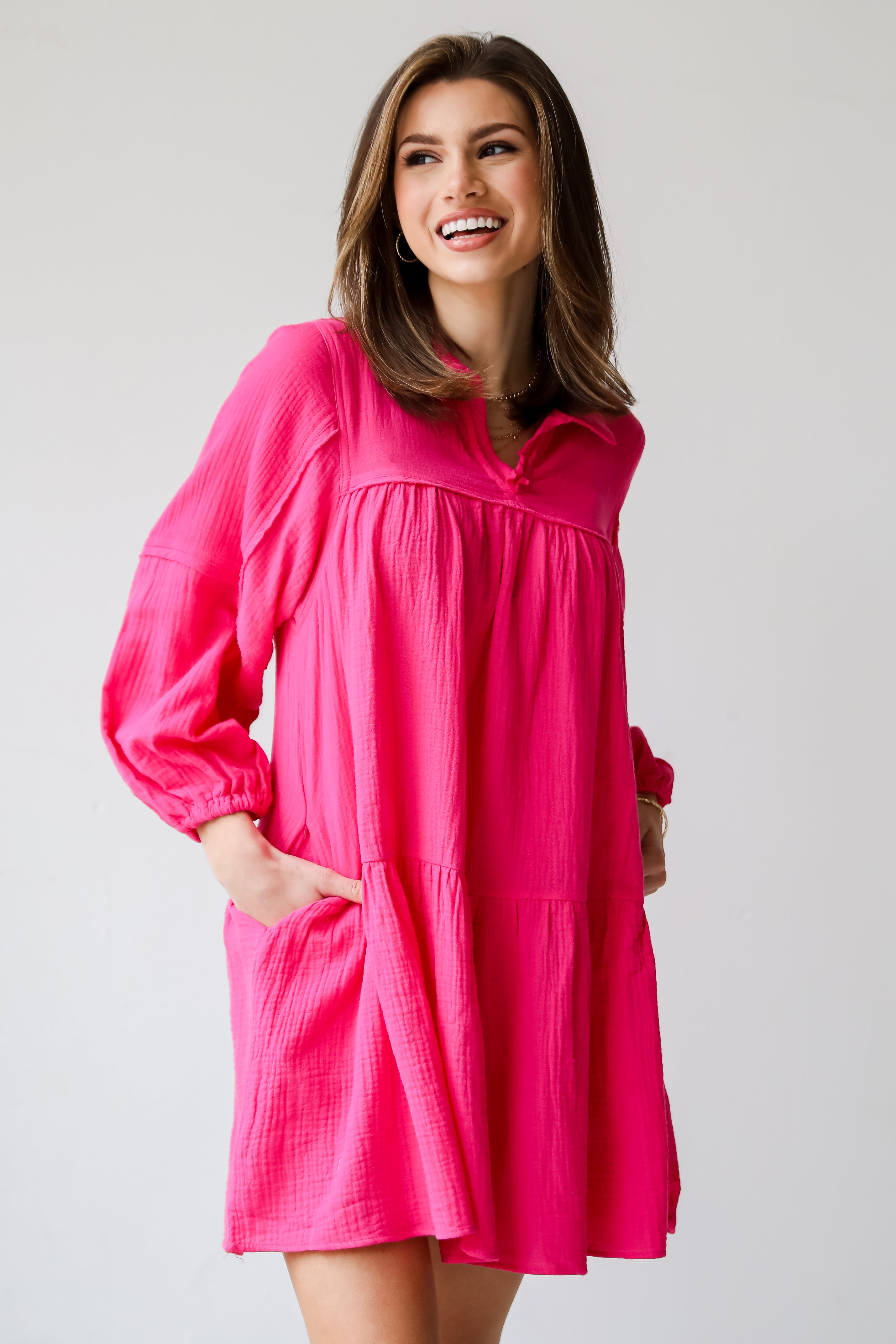 cute pink Linen Mini Dress Modern Direction Linen Mini Dress is a flowy mini dress with boho vibes. Long sleeve linen dress. casal and breezy dress