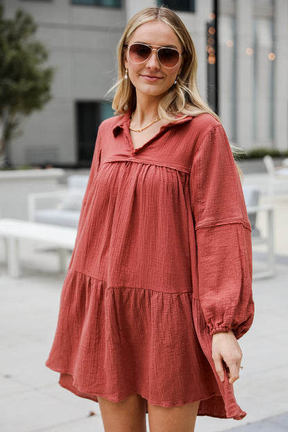 brown mini dress Modern Direction Linen Mini Dress is a flowy mini dress with boho vibes. Long sleeve linen dress. casal and breezy dress