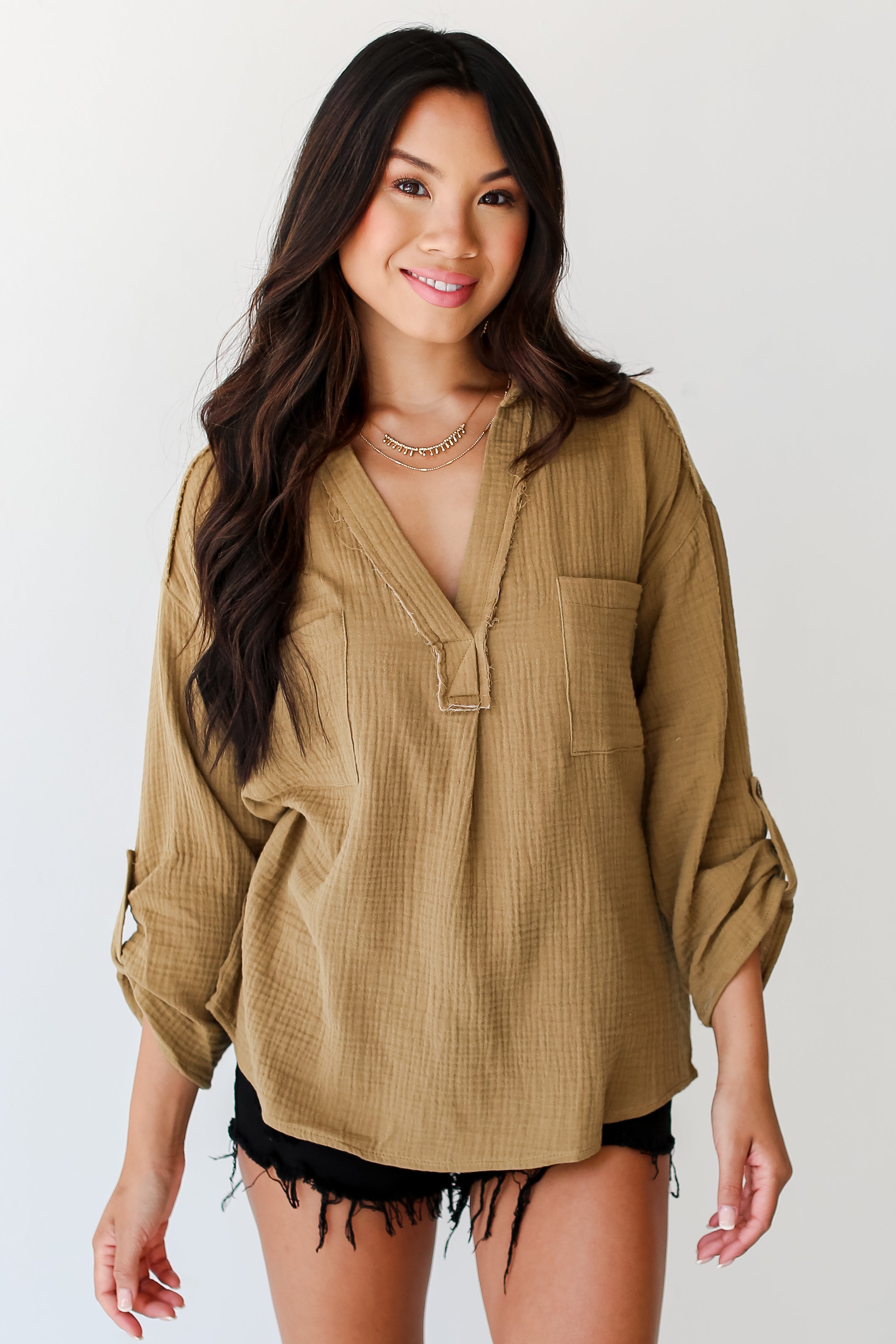 tan Linen Blouse on dress up model