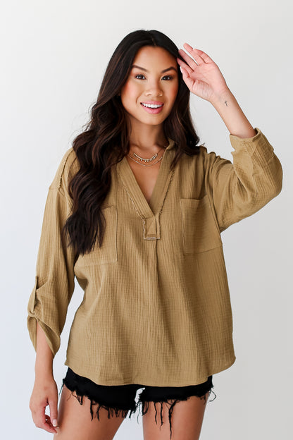 tan Linen Blouse front view