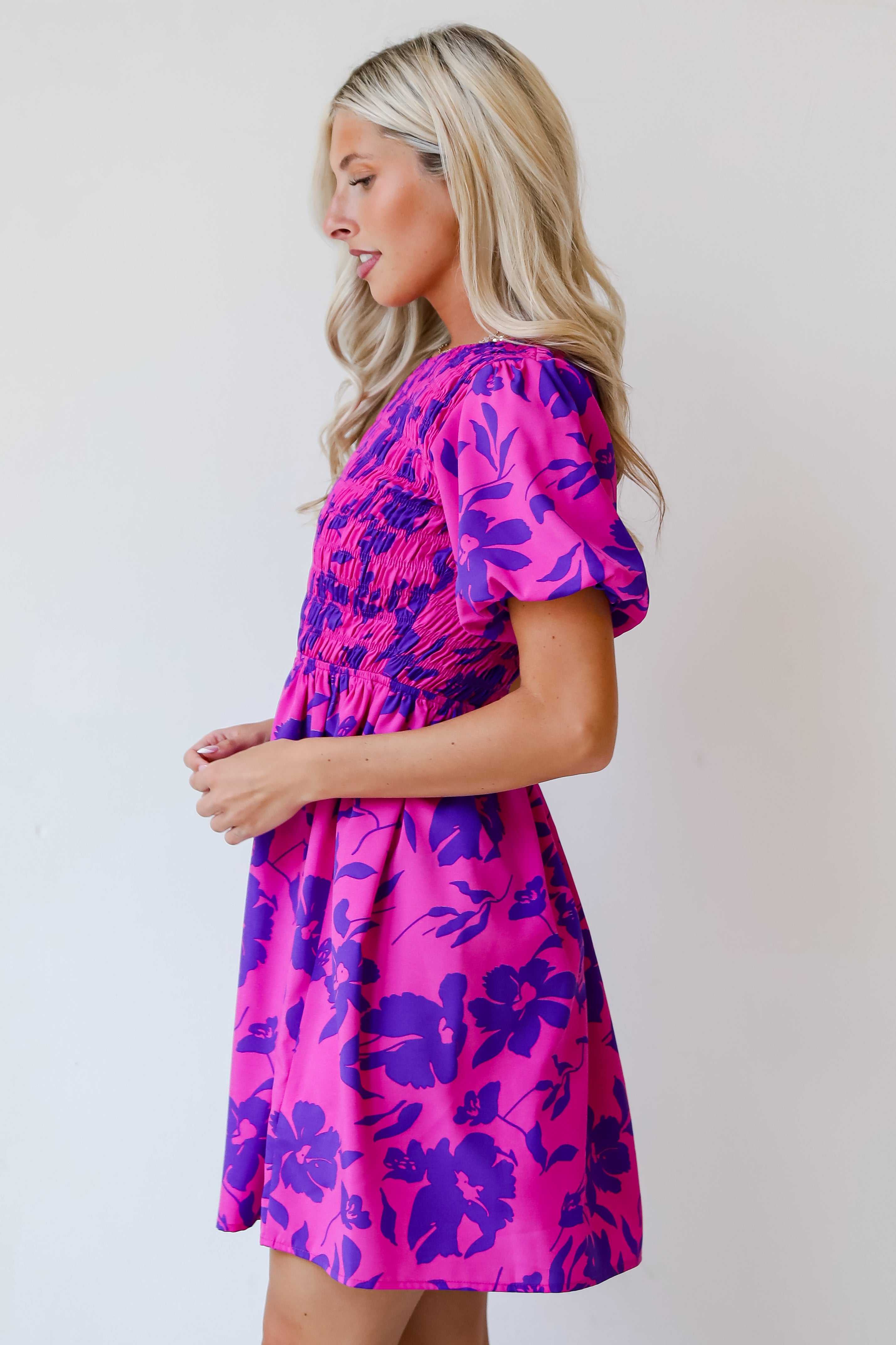 Fancy Sweetness Magenta Floral Puff Sleeve Mini Dress