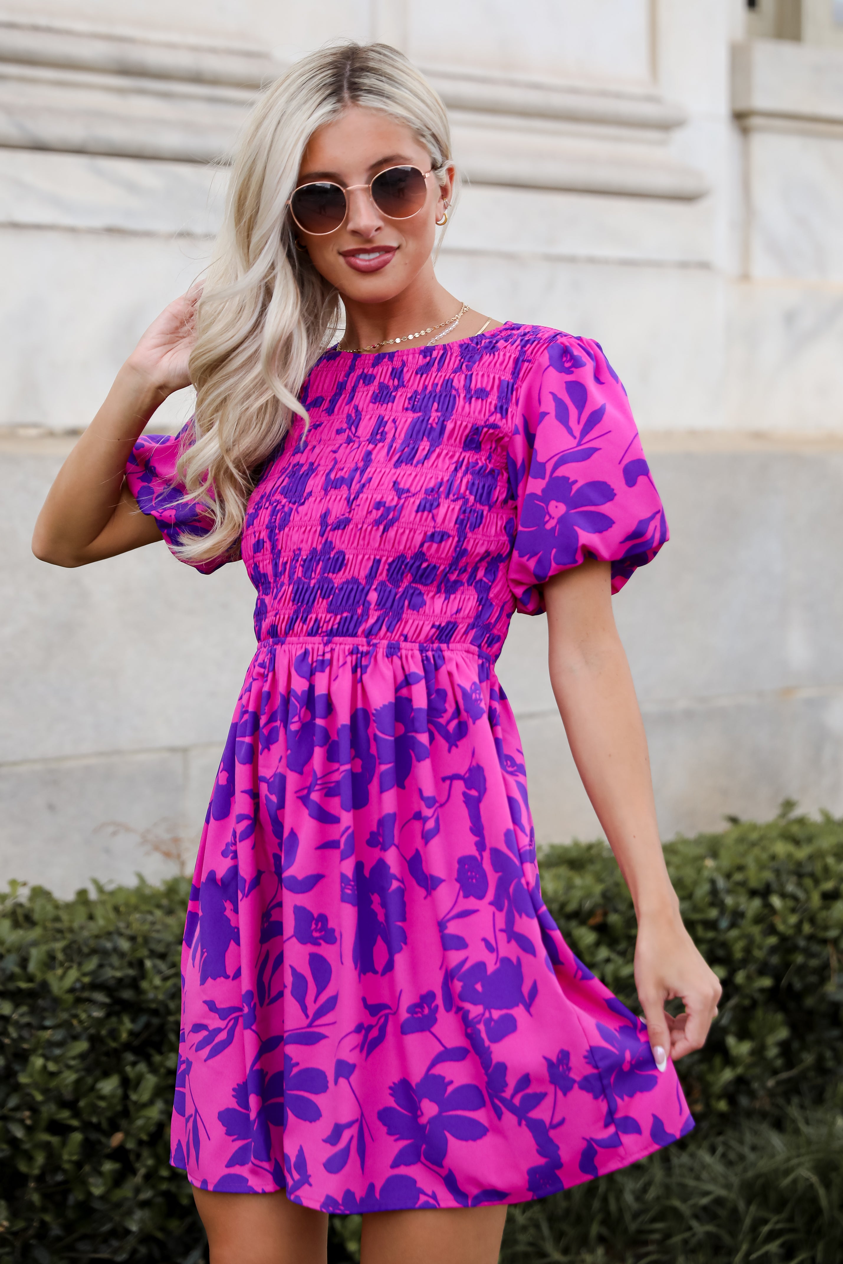 Fancy Sweetness Magenta Floral Puff Sleeve Mini Dress