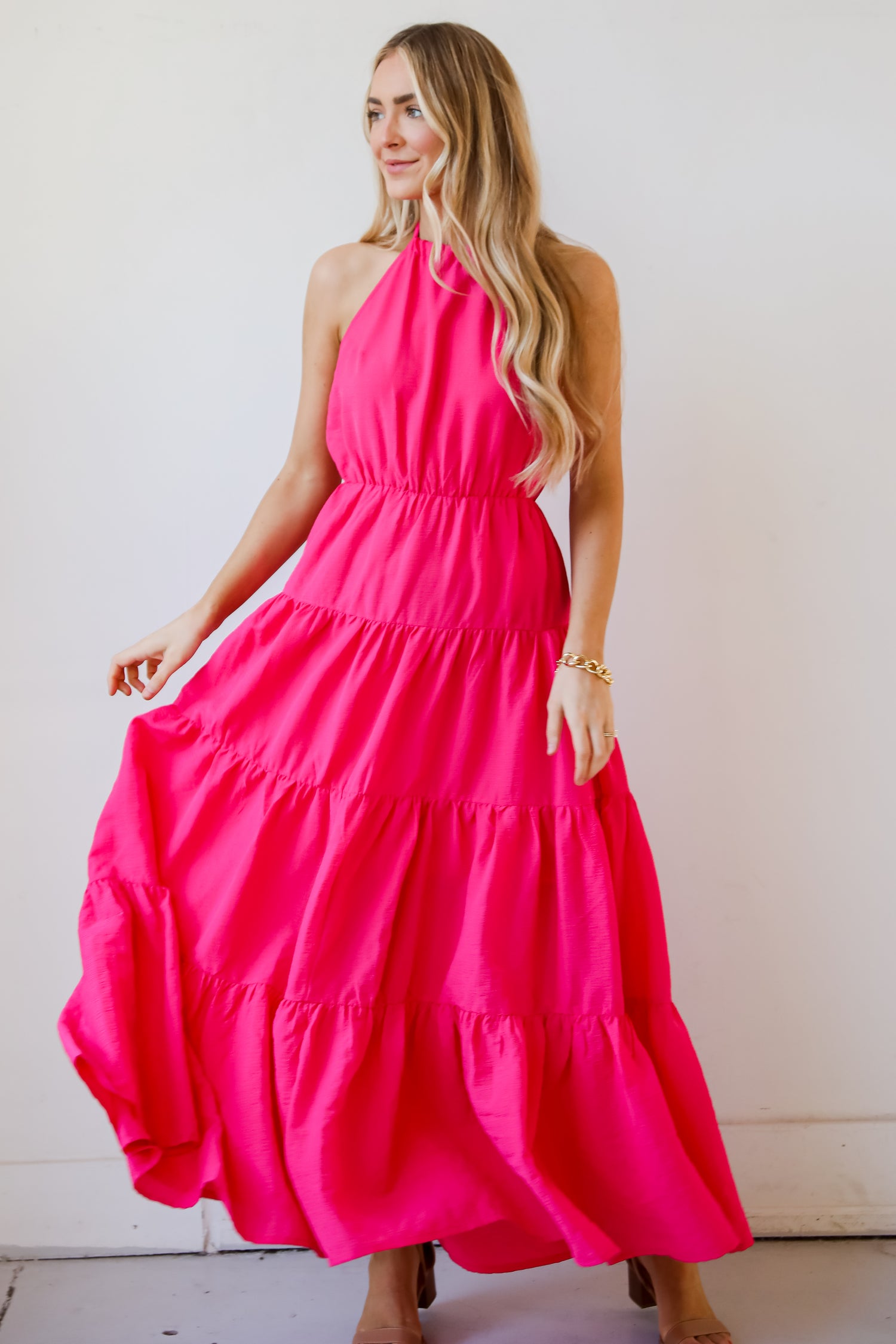 Sun-Sational Magenta Tiered Halter Maxi Dress