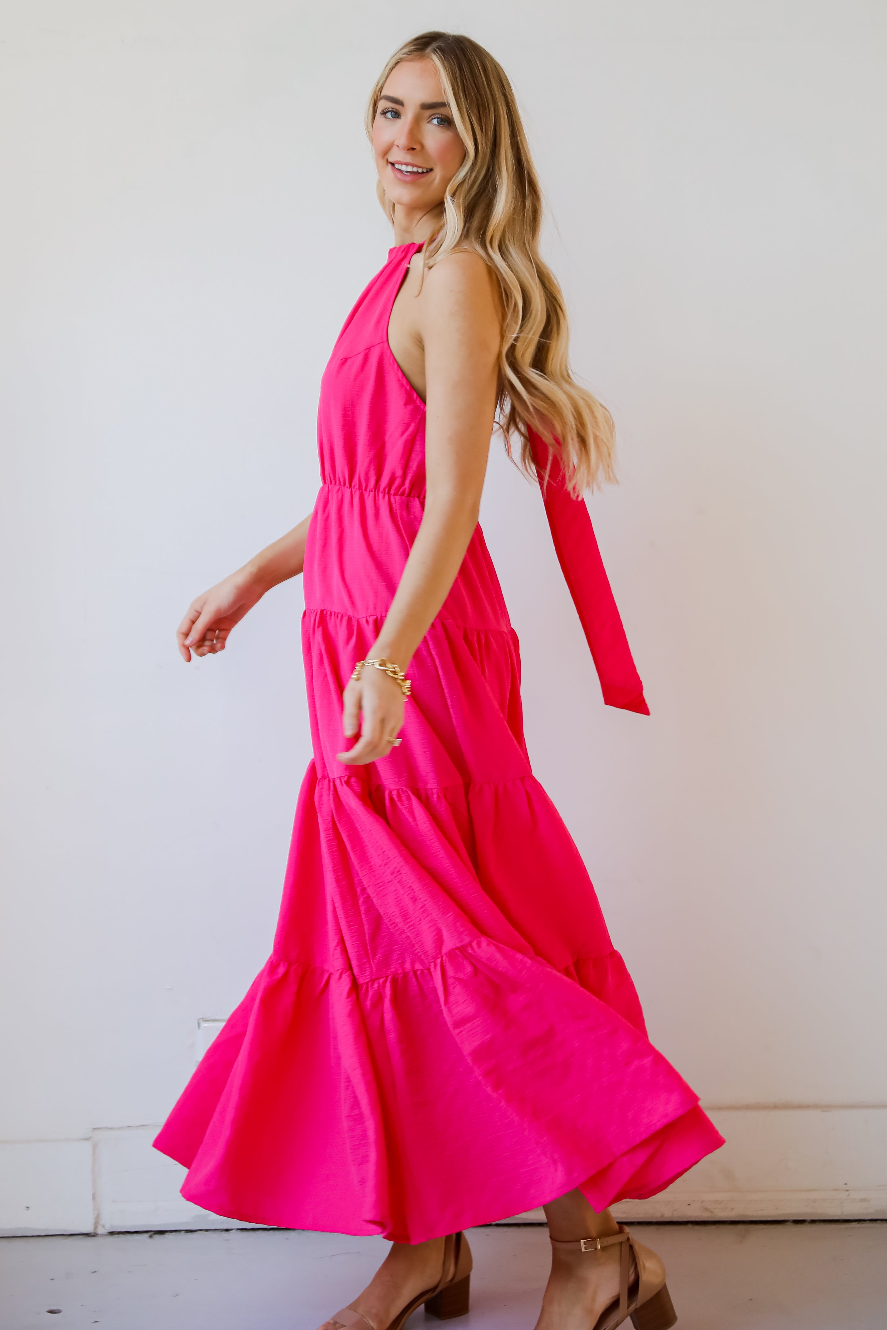 Magenta Tiered Halter Maxi Dress for women