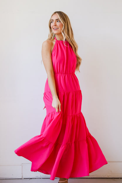 Sun-Sational Magenta Tiered Halter Maxi Dress