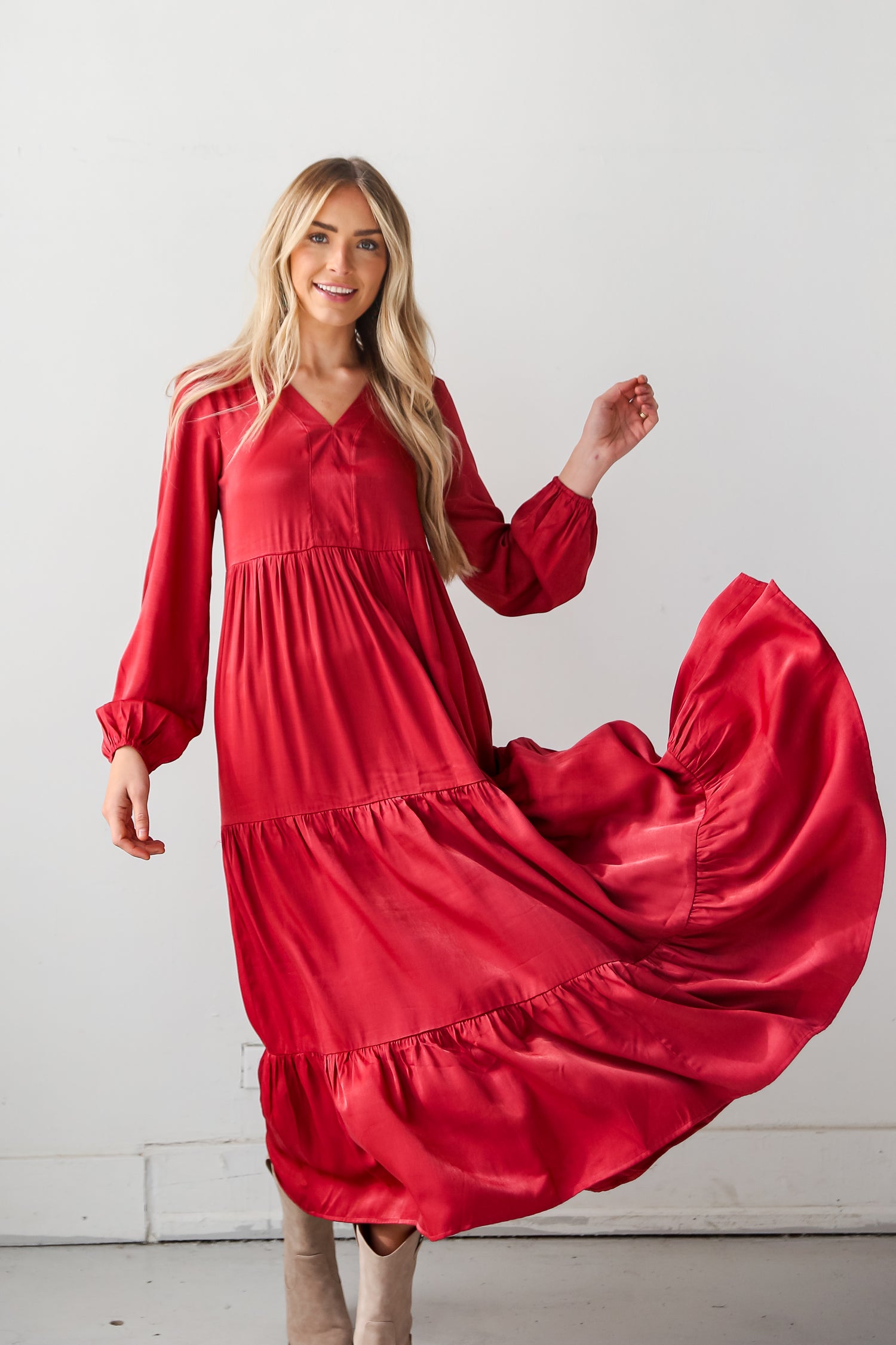 Marsala Tiered Maxi Dress on model