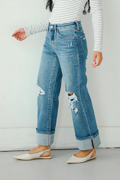 Callie Medium Wash Distressed Cuffed Wide Leg Jeans