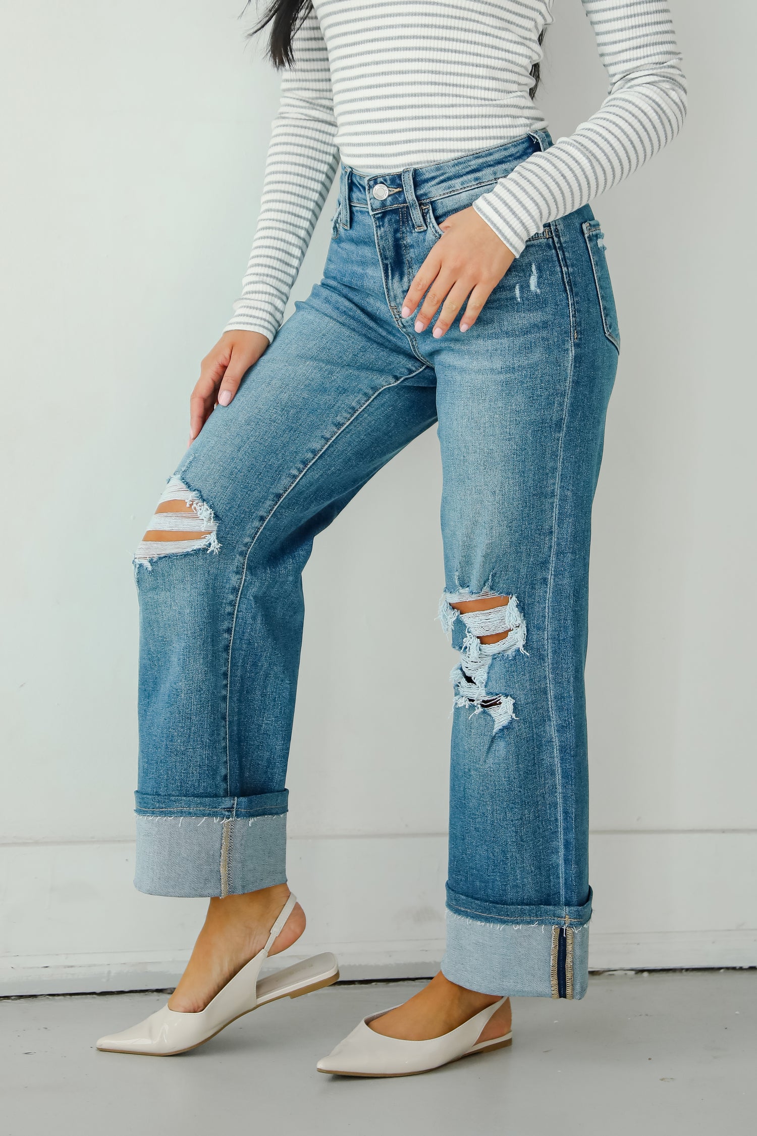 Callie Medium Wash Distressed Cuffed Wide Leg Jeans