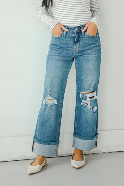 Callie Medium Wash Distressed Cuffed Wide Leg Jeans