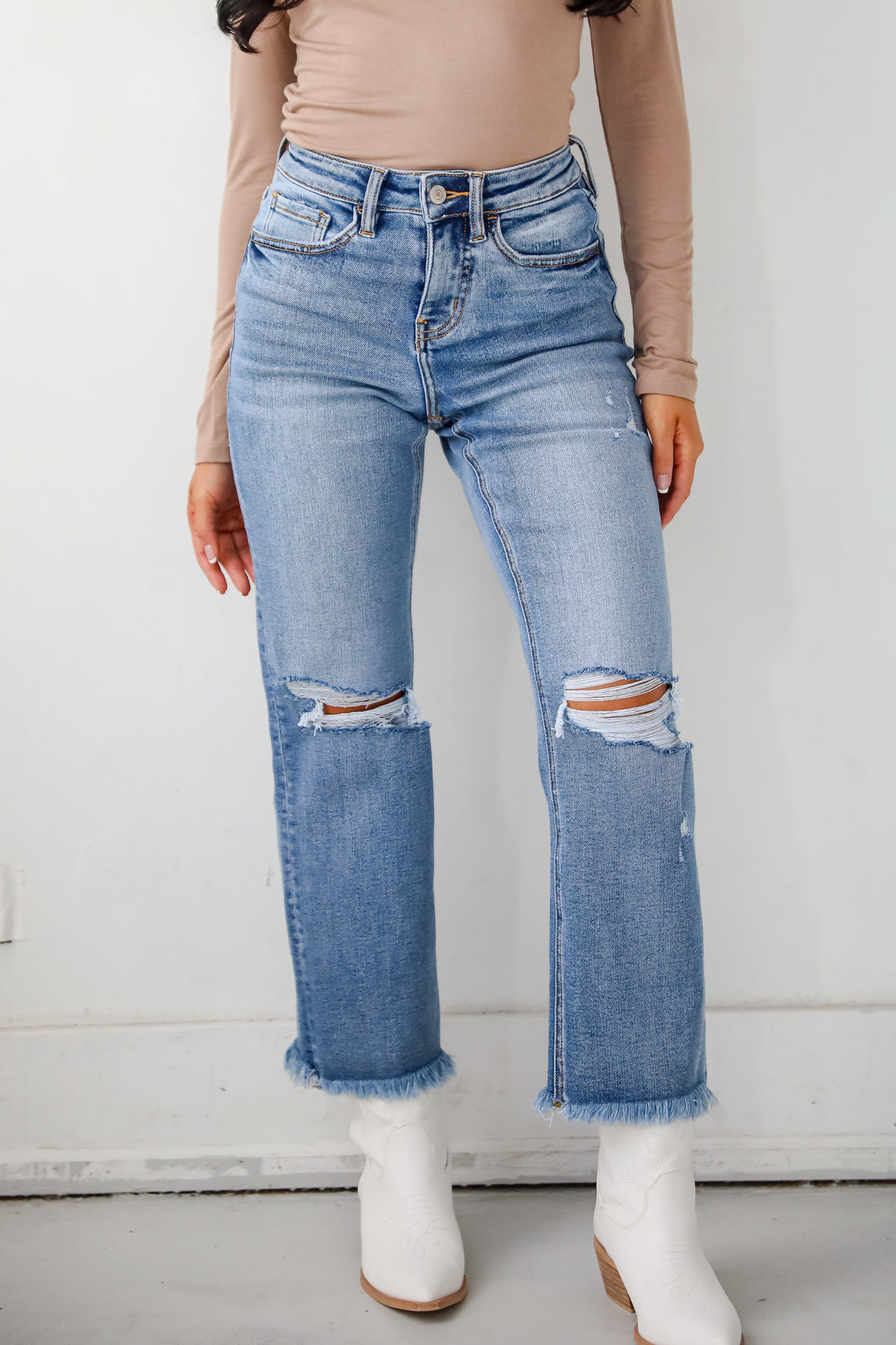 Emily Medium Wash High Rise Distressed Straight Leg Jeans