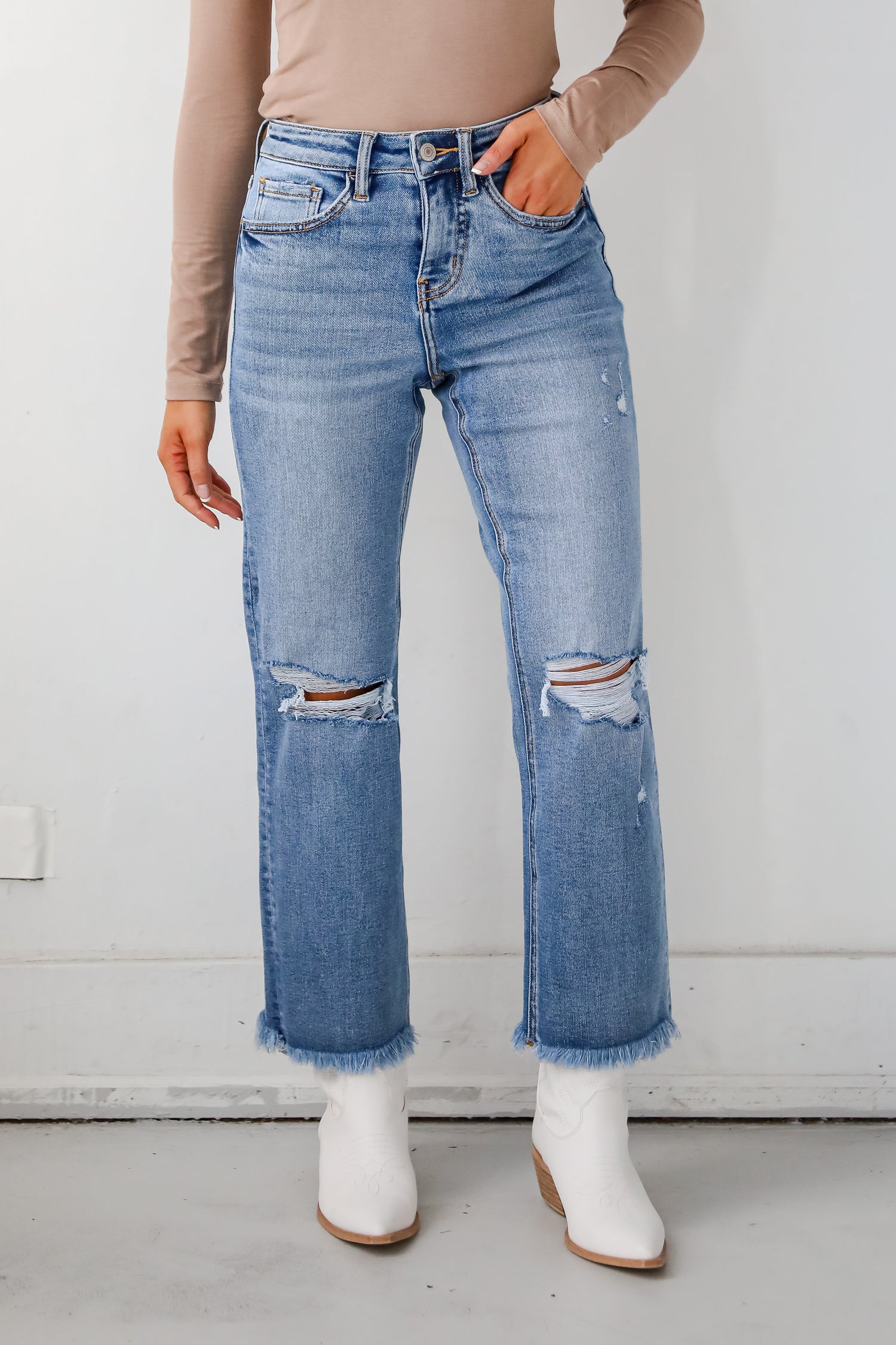 Emily Medium Wash High Rise Distressed Straight Leg Jeans