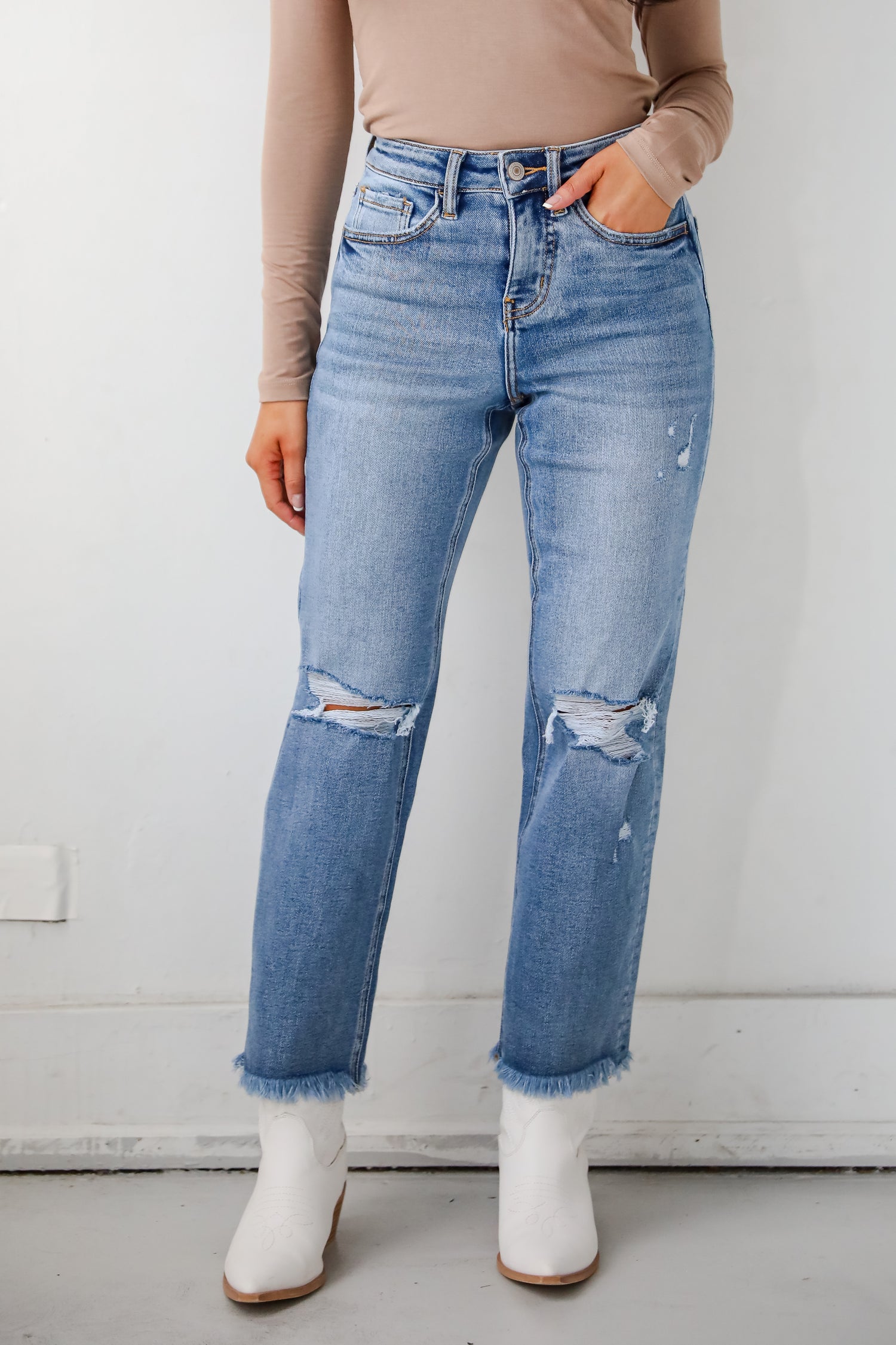 Emily Medium Wash High Rise Distressed Straight Leg Jeans