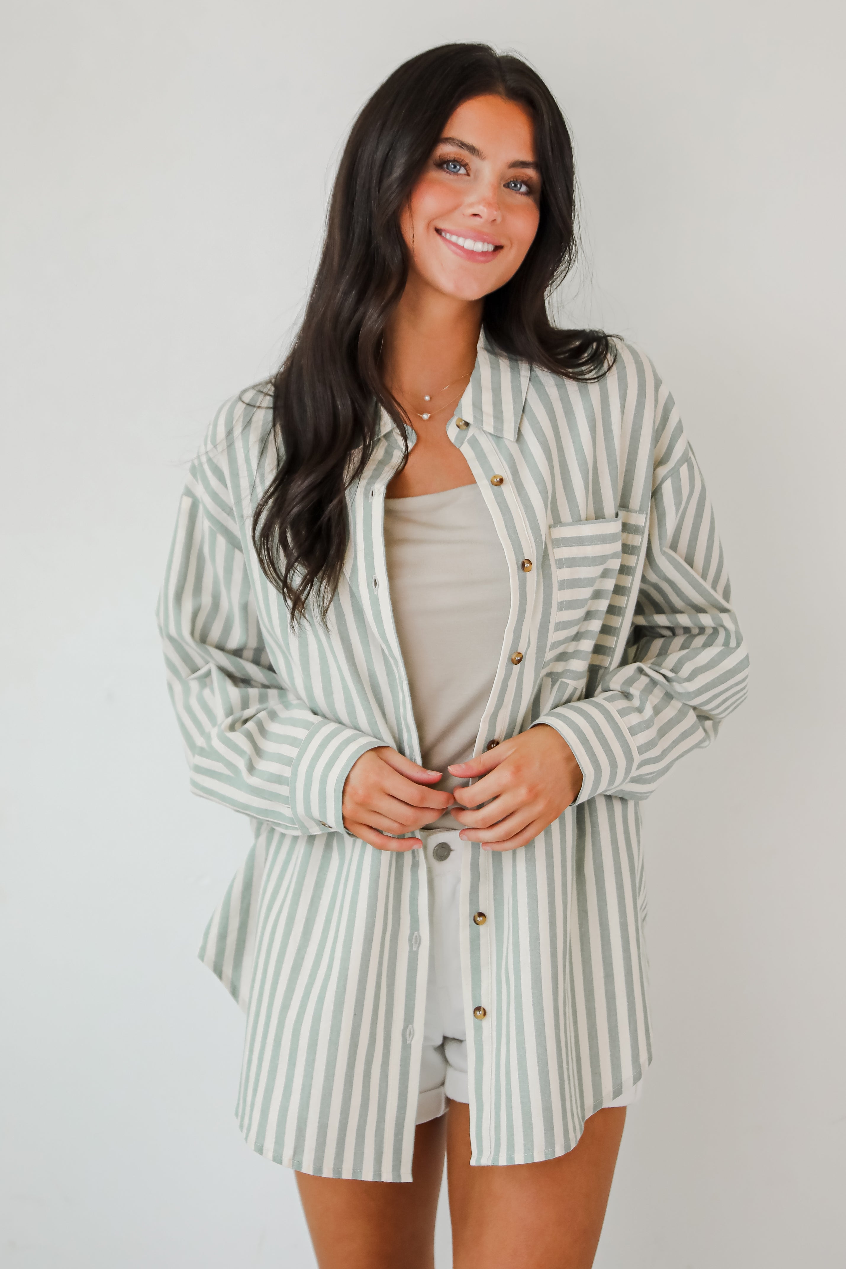 Seaside Sweetie Mint Striped Button-Up Blouse