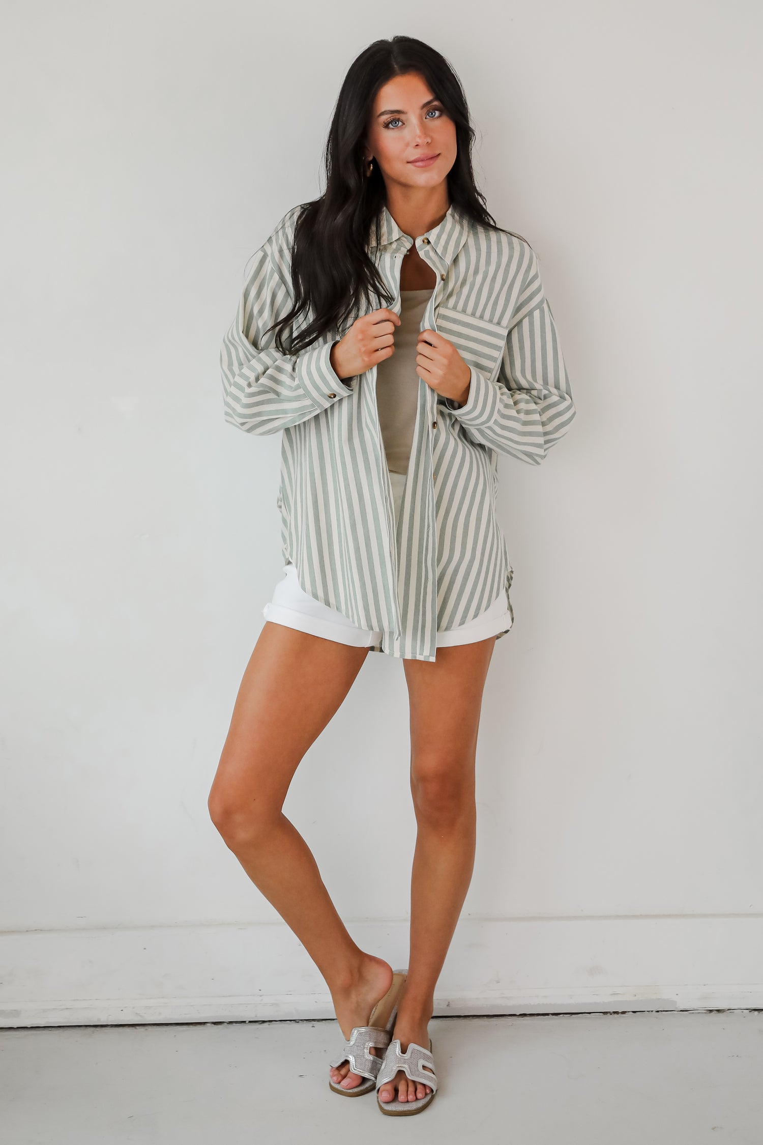 Seaside Sweetie Mint Striped Button-Up Blouse