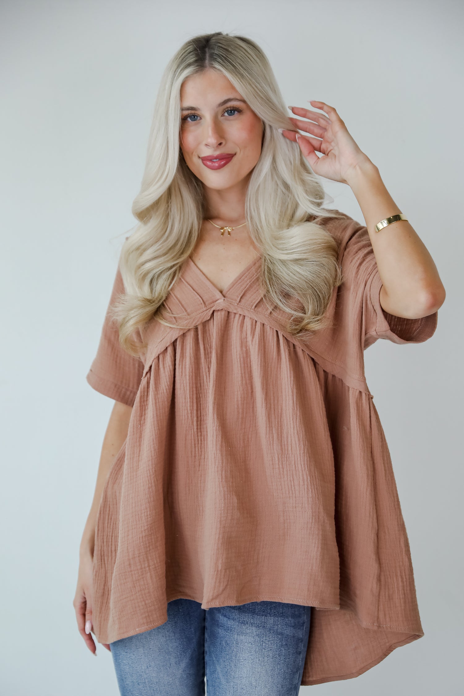 Adorably Playful Mocha Linen Babydoll Blouse